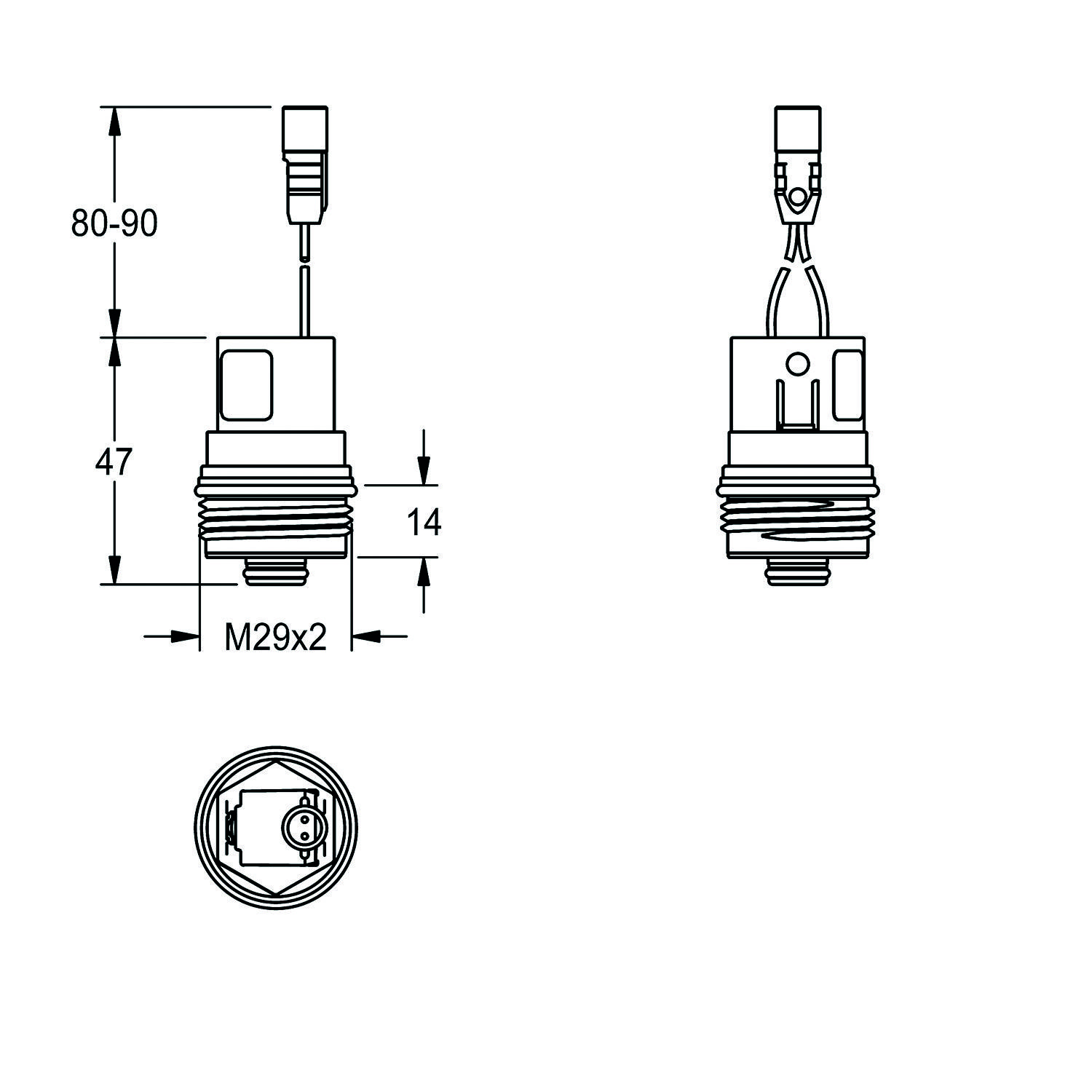 Technische Zeichnung eines elektrischen Anschlusses mit Maßangaben: Höhe 80-90 mm, Hauptkörper 47 mm und Breite 14 mm. Gewindeabmessung M29x2.