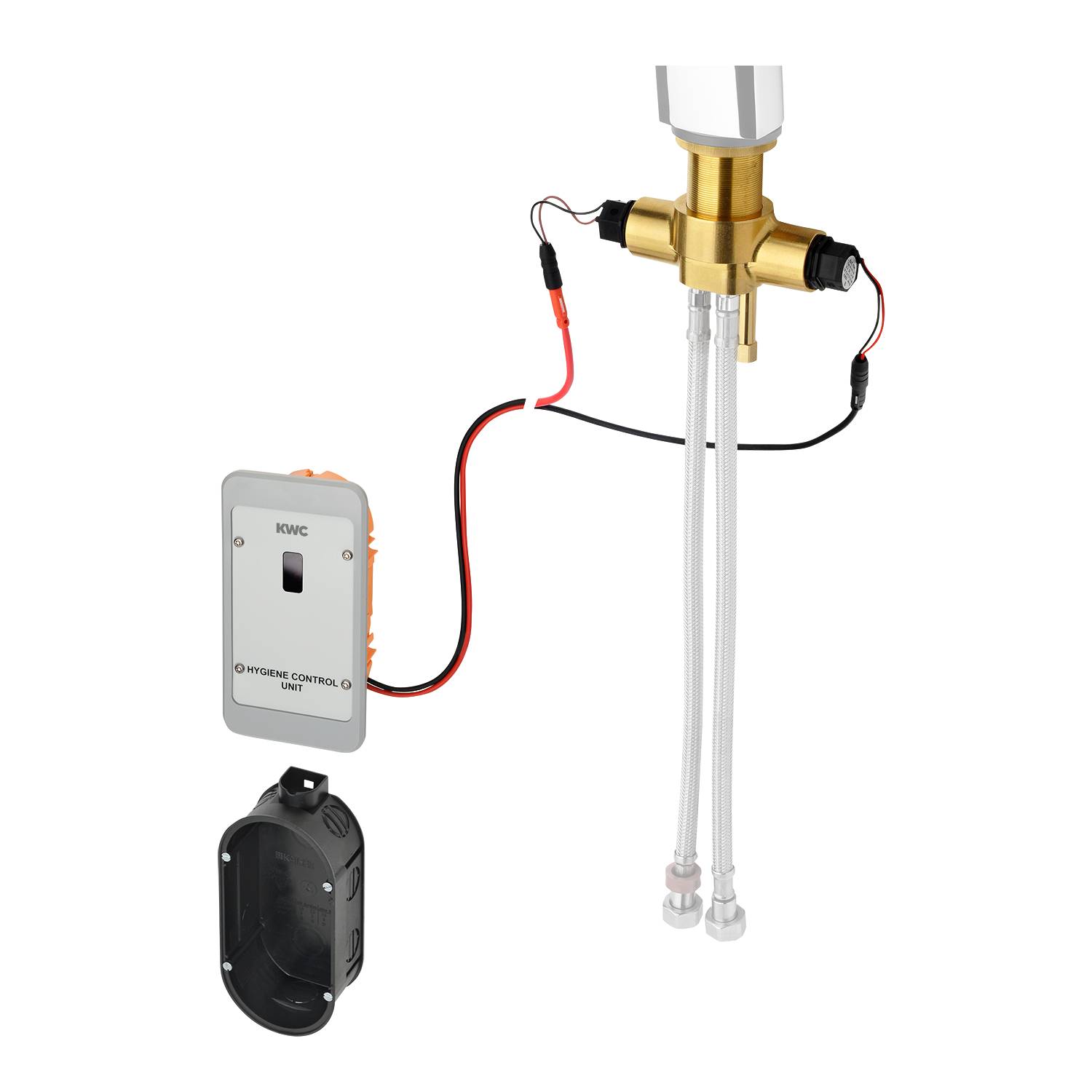 Elektronisches Armaturen-Ventilsystem mit Steuereinheit und Wasseranschlüssen, konzipiert für automatisierte Wasserflusssteuerung und Temperaturregulierung.