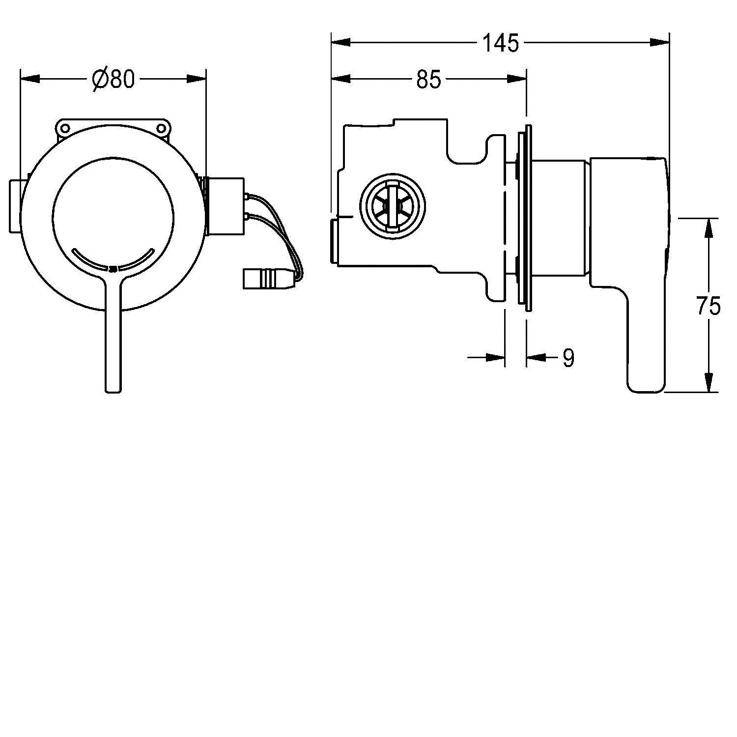 Technische Zeichnung eines Ventils mit Abmessungen. Die Seitenansicht zeigt ein Ventil mit einer Gesamtlänge von 145 mm, einer Breite von 85 mm und einer Höhe von 75 mm.
