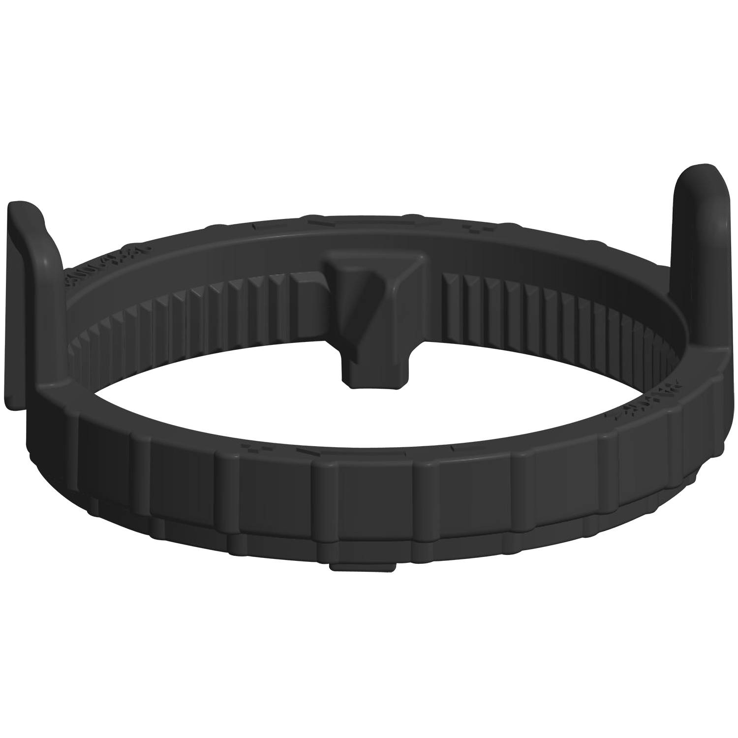 Ein schwarzer, kreisförmiger, gezahnter Kunststoffring mit erhöhten Griffen an beiden Seiten, der einem Zahnrad oder einer Klemme ähnelt, vor einem durchgehend schwarzen Hintergrund.
