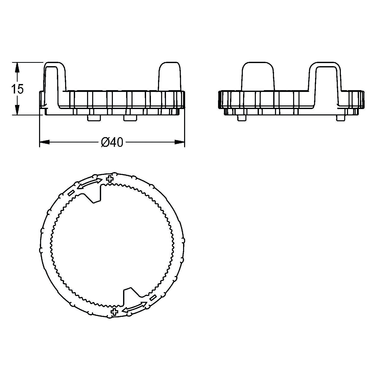 Technische Zeichnung einer zylindrischen Komponente, Ansicht von oben und von der Seite, mit einem Durchmesser von 40 mm und einer Höhe von 15 mm mit strukturellen Merkmalen.