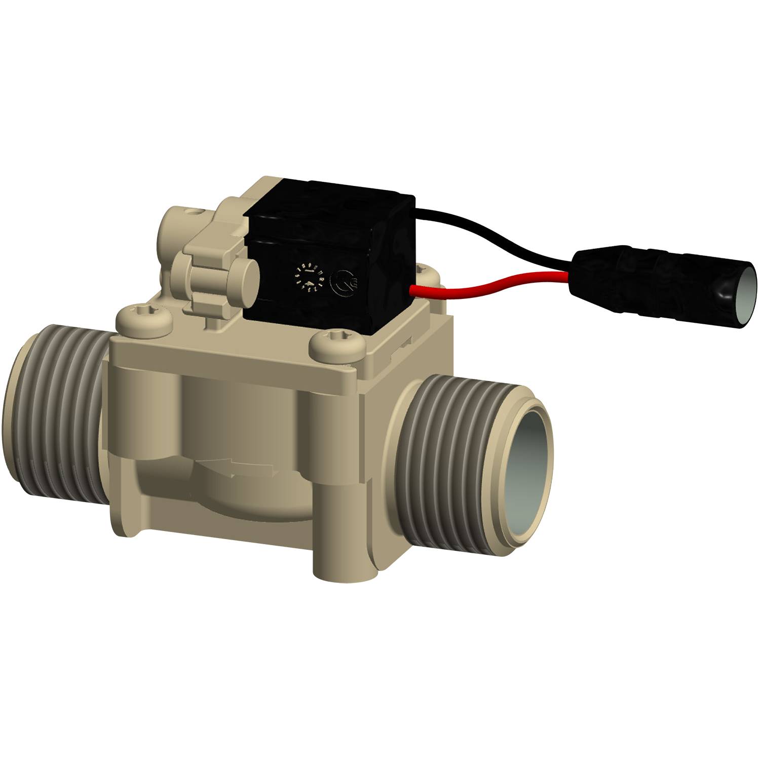 Eine digitale Darstellung eines Durchflusssensors mit einem beigen Gehäuse, grauen Gewindeverbindern an jedem Ende und einem schwarzen elektronischen Modul mit einem roten Kabel.