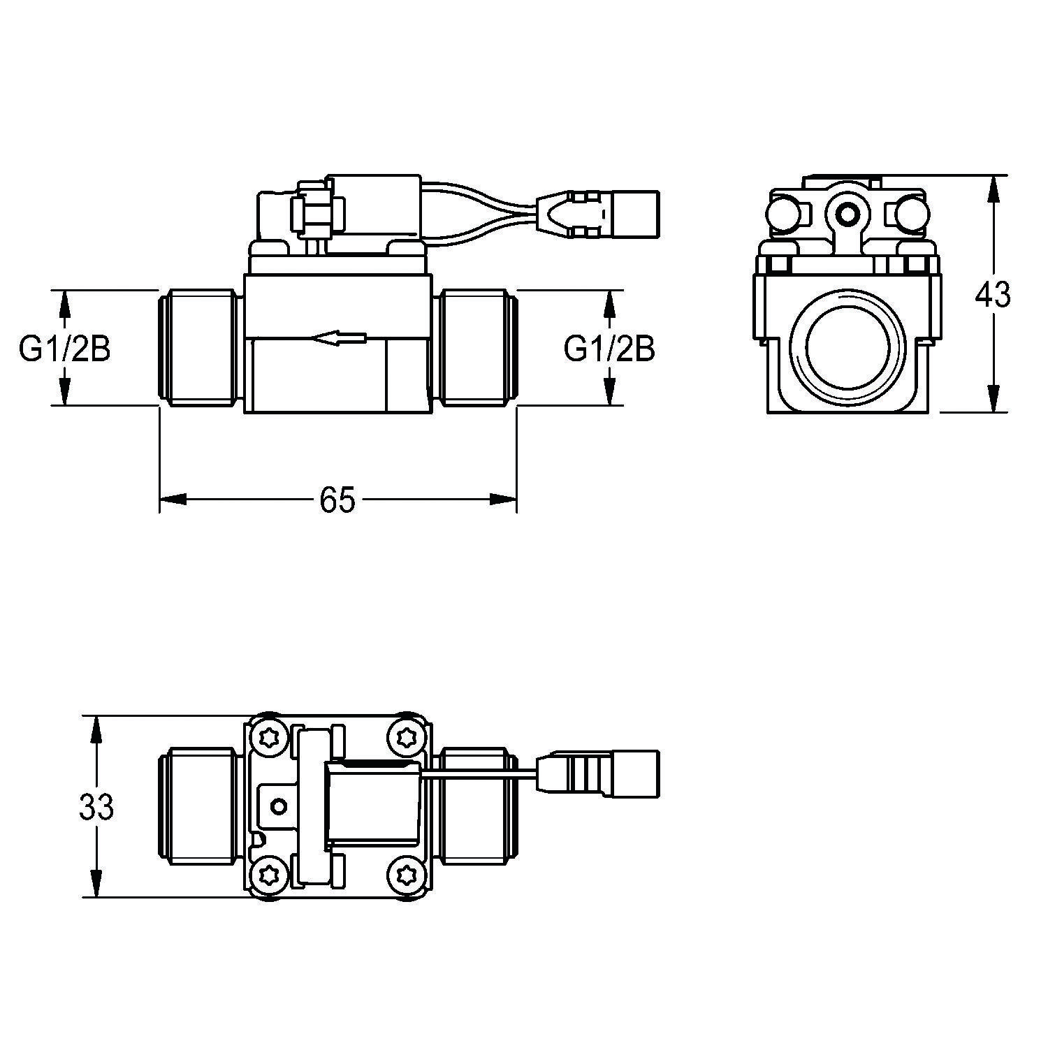 Technische Zeichnung eines Ventils mit Abmessungen: Breite 65 mm, Höhe 43 mm und eine untere Breite von 33 mm. Anschlüsse mit G1/2B gekennzeichnet.