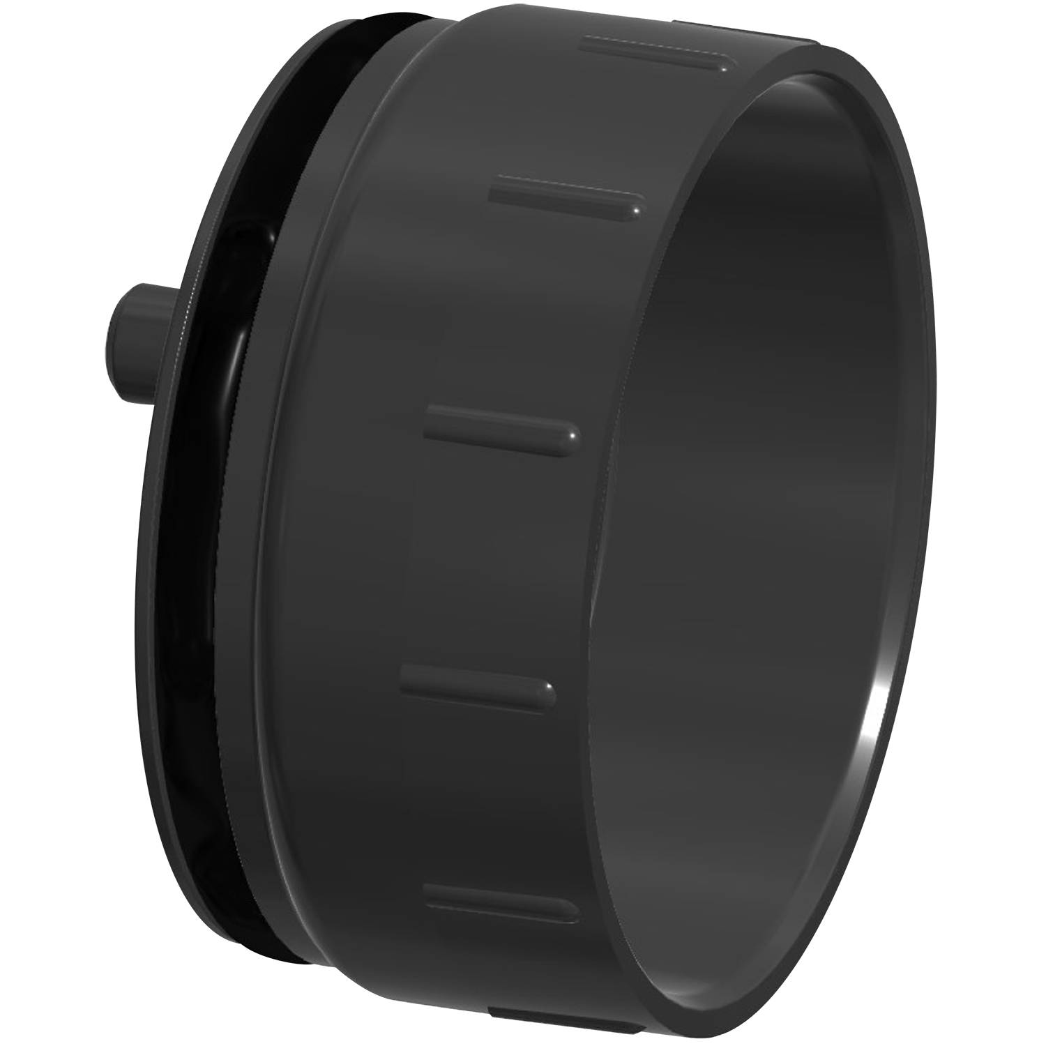 Eine schwarze, zylindrische mechanische Komponente mit einer strukturierten Kante und einem kleinen Vorsprung an ihrer Seite, möglicherweise für den Einsatz in Maschinen.