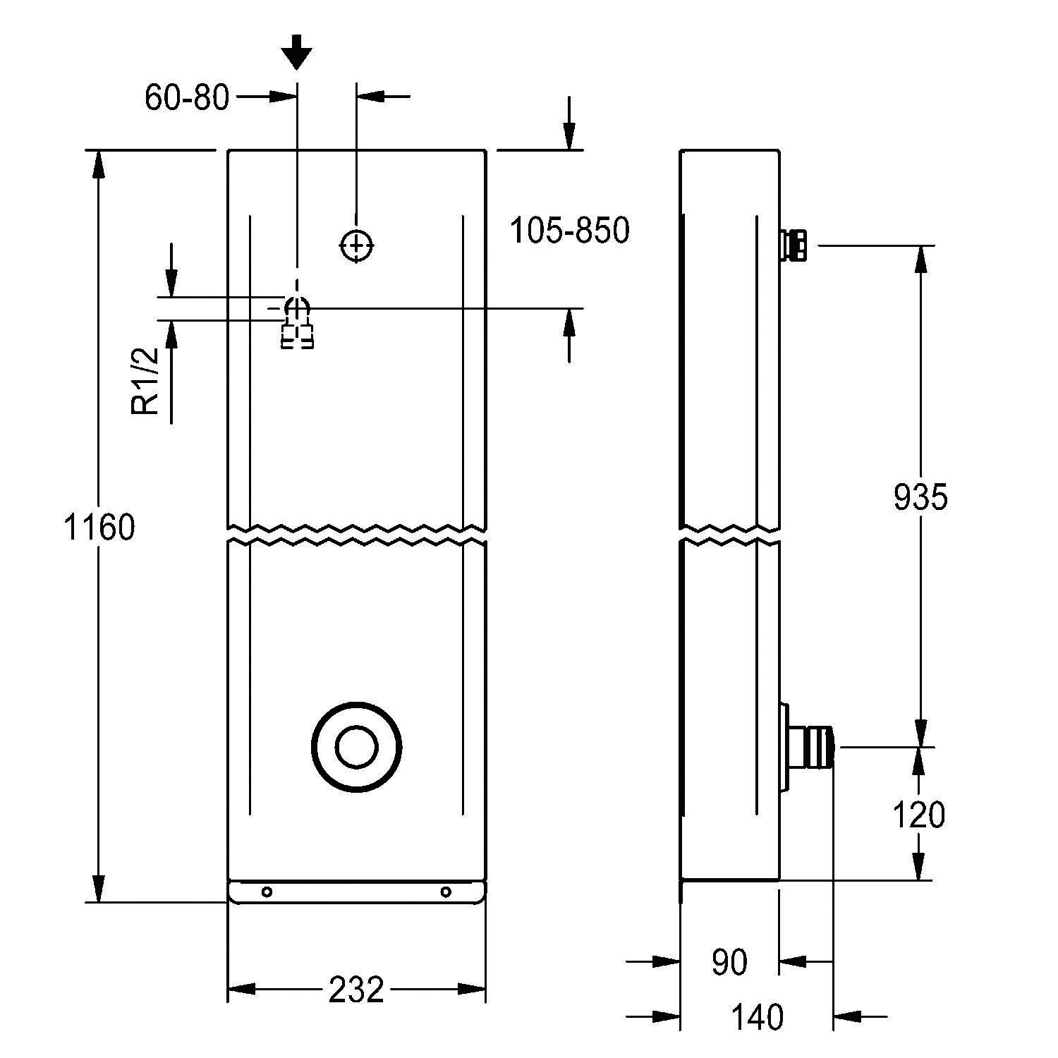 Technische Zeichnung einer Maschinenkomponente mit Maßangaben: 1160 Höhe, 232 Breite. Seitenansicht Höhe 935, Tiefe 90. Markierungen R1/2, Bereich 105-850.