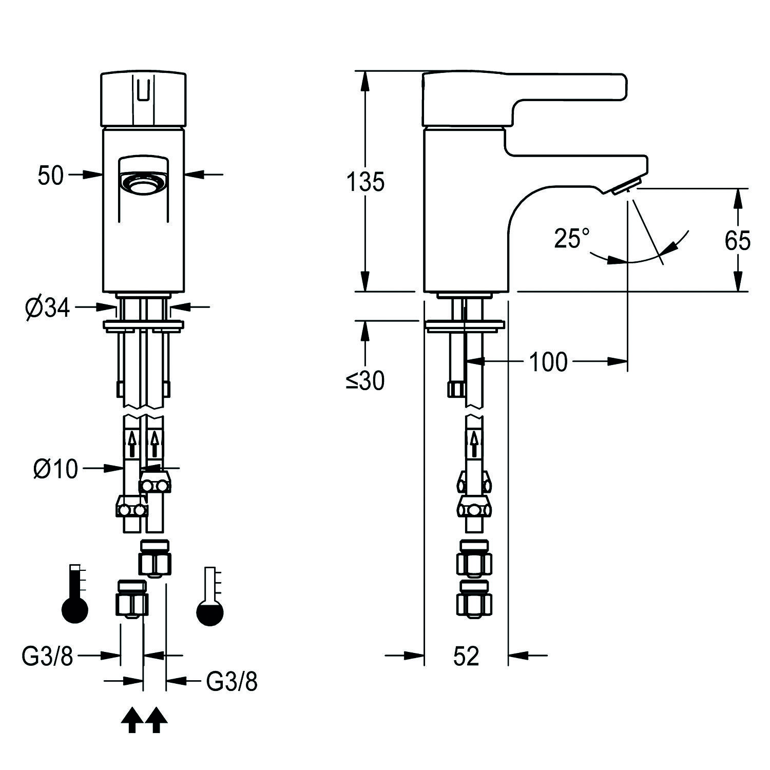 Diagramm eines Wasserhahns mit Maßangaben: Höhe 135 mm, Auslauflänge 100 mm, mit einem Auslaufwinkel von 25 Grad und Auslassdurchmesser von 10 mm.