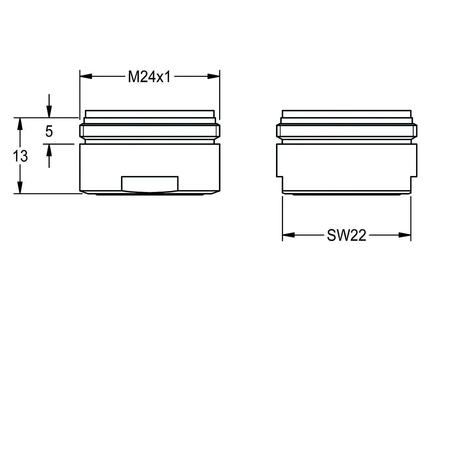 Technische Zeichnung einer Zylindermutter. Abmessungen: Höhe 13, Durchmesser M24x1, Schlüsselweite SW22, Basisdicke 5.