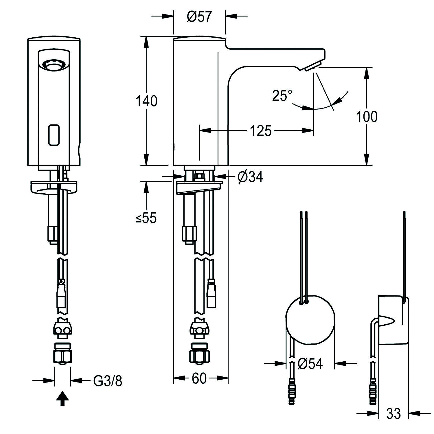 Diagramm mit Abmessungen und Komponenten eines Wasserhahns mit Infrarotsensor. Wesentliche Maße umfassen einen Durchmesser von 57 mm, eine Höhe von 140 mm und Installationsanweisungen.