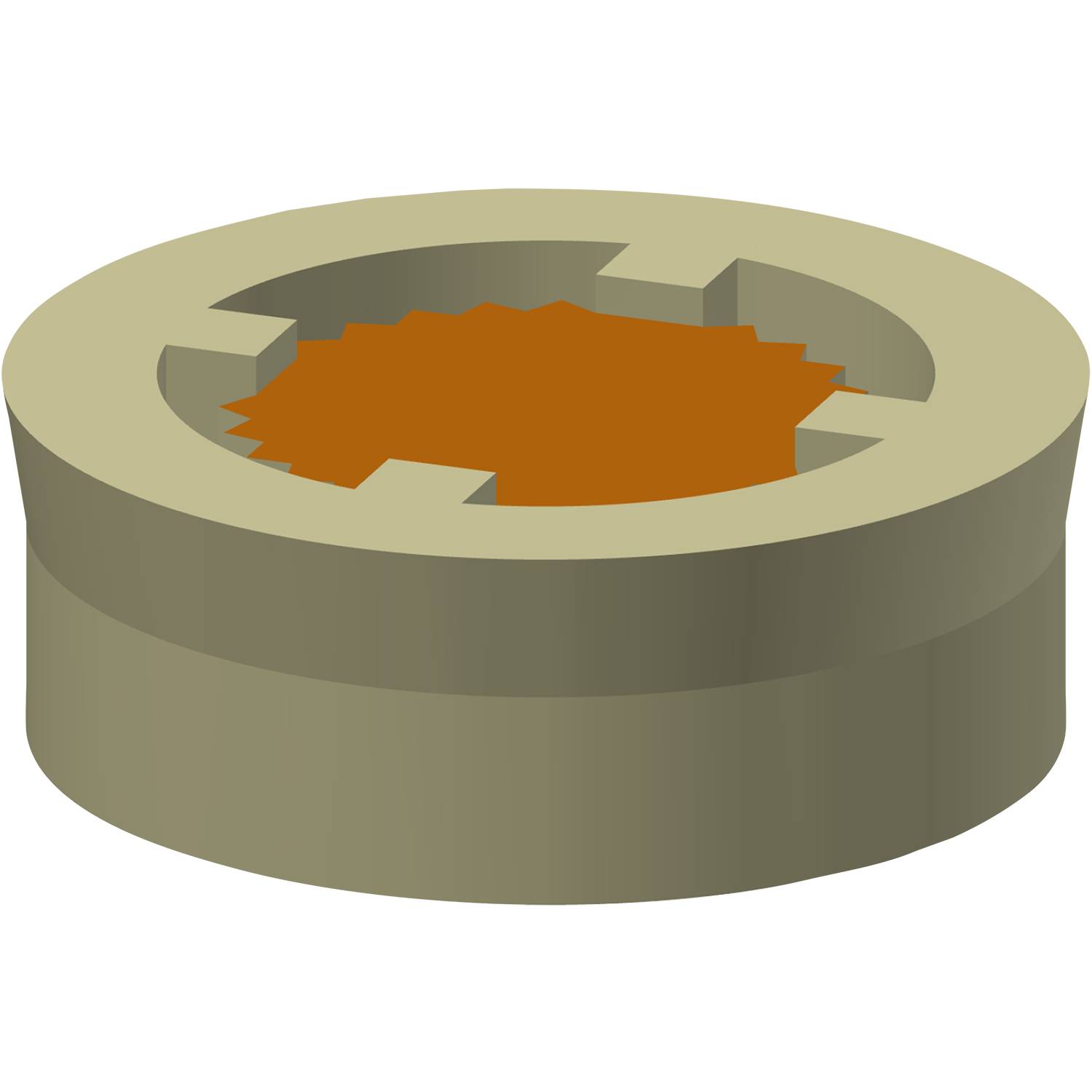 Eine 3D-Darstellung eines mechanischen Zahnrads mit einem zentralen orangefarbenen Ausschnitt und gezackter Außenkante, möglicherweise für technische Konstruktionszwecke verwendet.