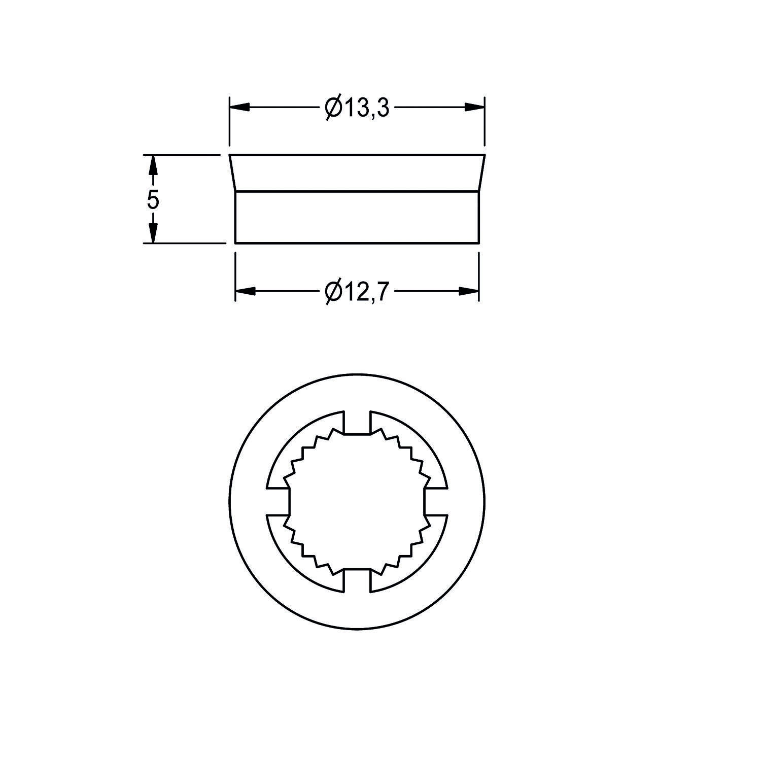 Diagramm, das einen zylindrischen Teil zeigt mit einem Durchmesser von 13,3 oben, einem Durchmesser von 12,7 unten und einer Höhe von 5 Einheiten, mit einer zahnradartigen Basis.
