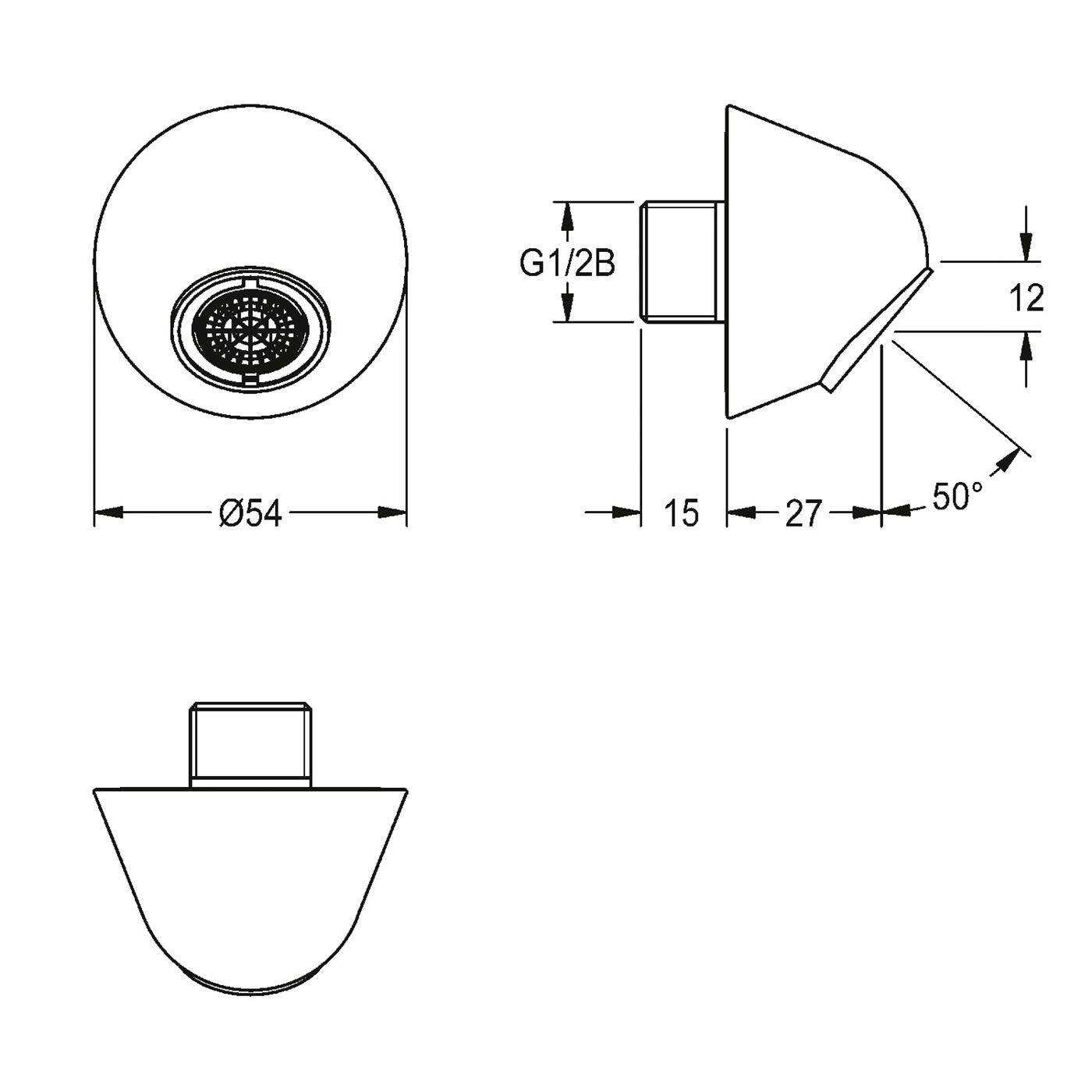 Technische Zeichnung eines runden Duschkopfes/Düse mit Vorder-, Seiten- und Bodenansicht, beschriftet mit den Abmessungen Ø54, G1/2B, 15, 27, 12 und 50°.