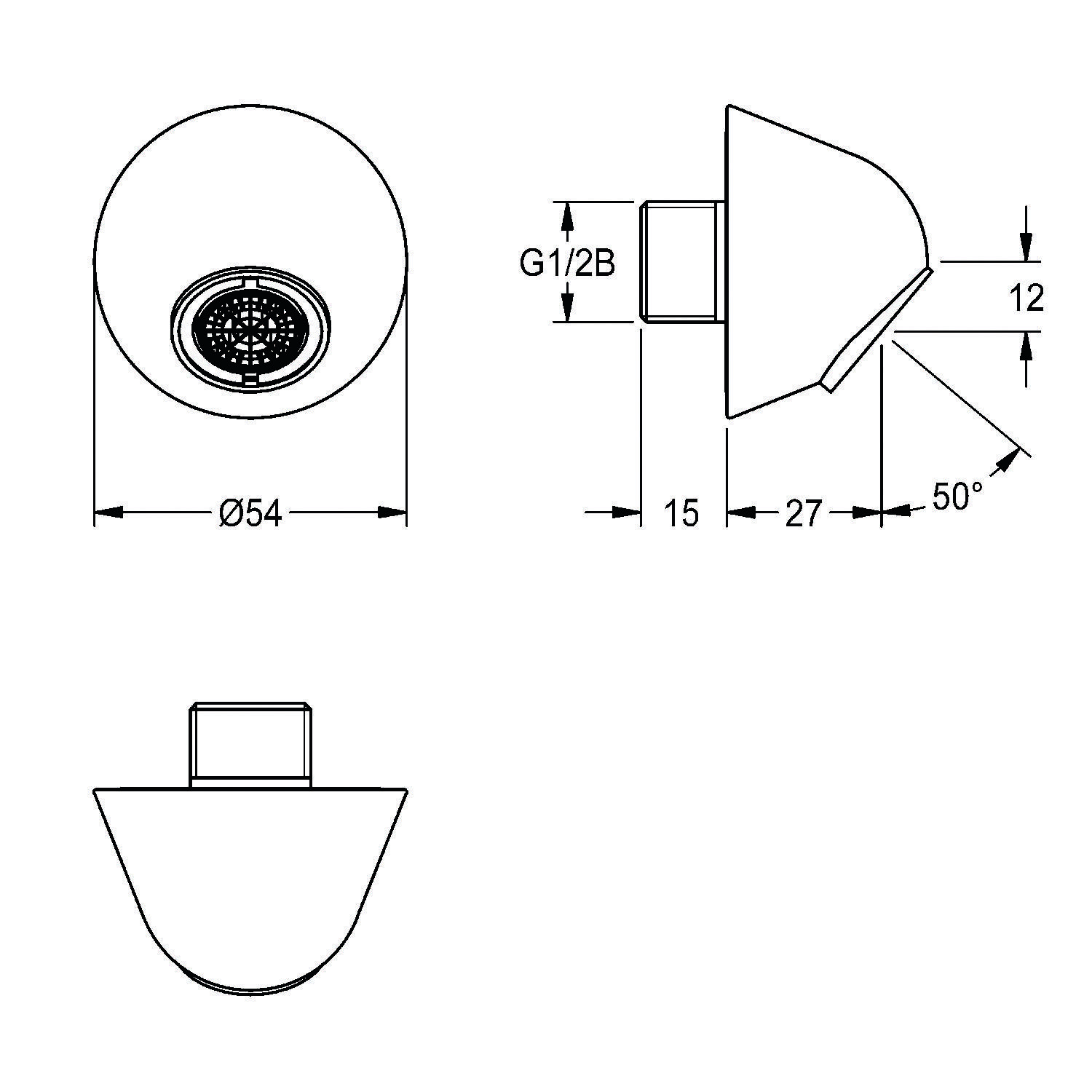 Technische Zeichnung eines runden Duschkopfes mit Maßen: Durchmesser 54 mm, Länge 27 mm, Winkel 50°, Höhe 15 mm und G1/2B-Anschluss.