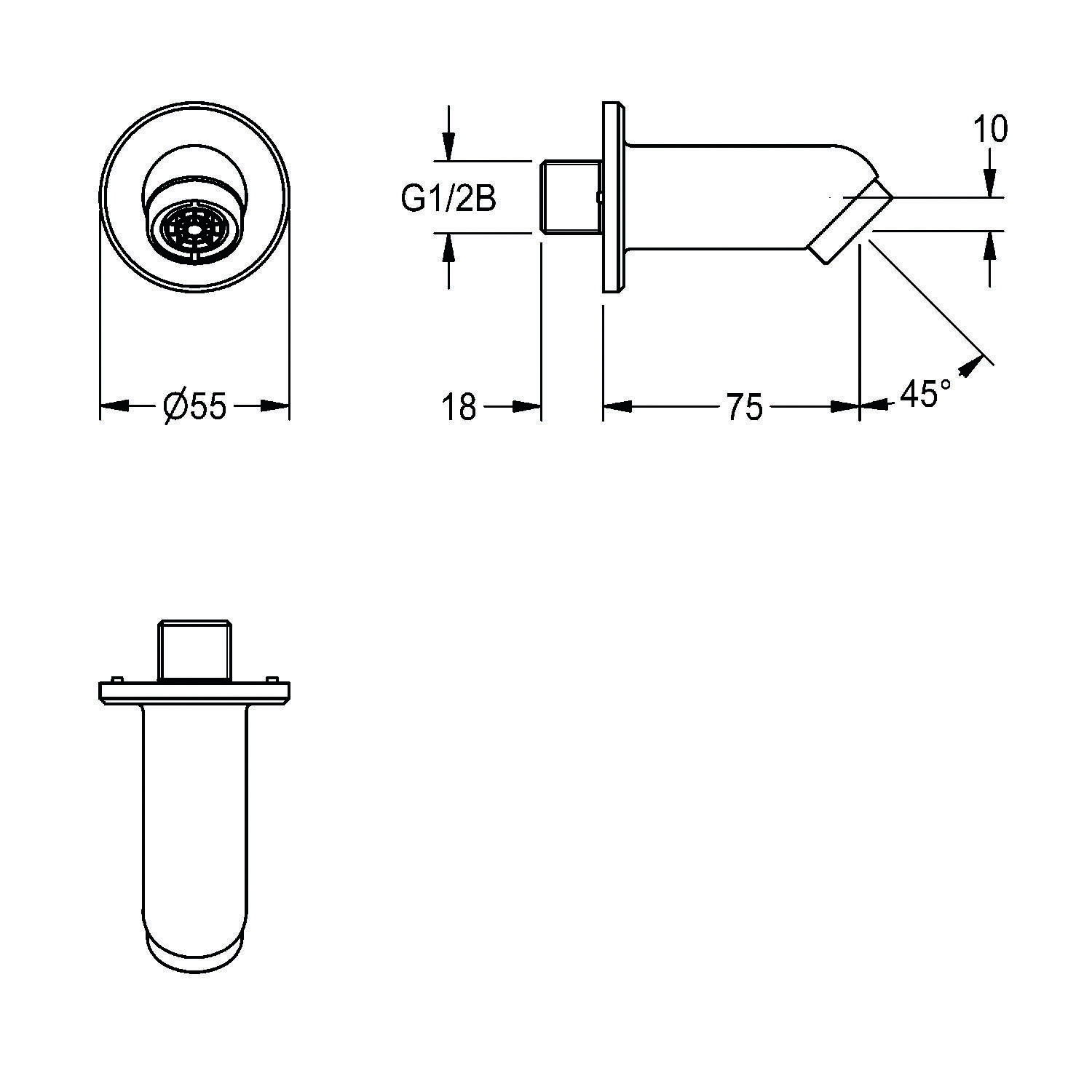 Technische Zeichnung einer Sanitärarmatur mit Maßangaben. Der Durchmesser beträgt 55 mm, die Länge 75 mm, und sie hat einen 45-Grad-Winkel.