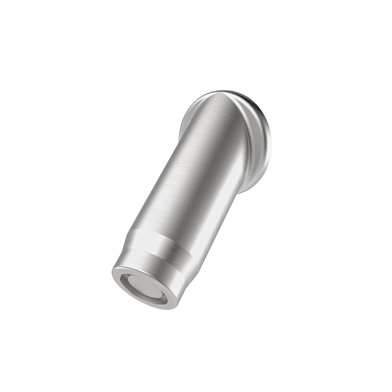 Ein silbern schimmerndes, geschossähnliches Objekt mit glänzender Metalloberfläche, das vor einem schwarzen Hintergrund abgebildet ist, wobei es sich um eine Nahaufnahme eines Produkts zu handeln scheint.