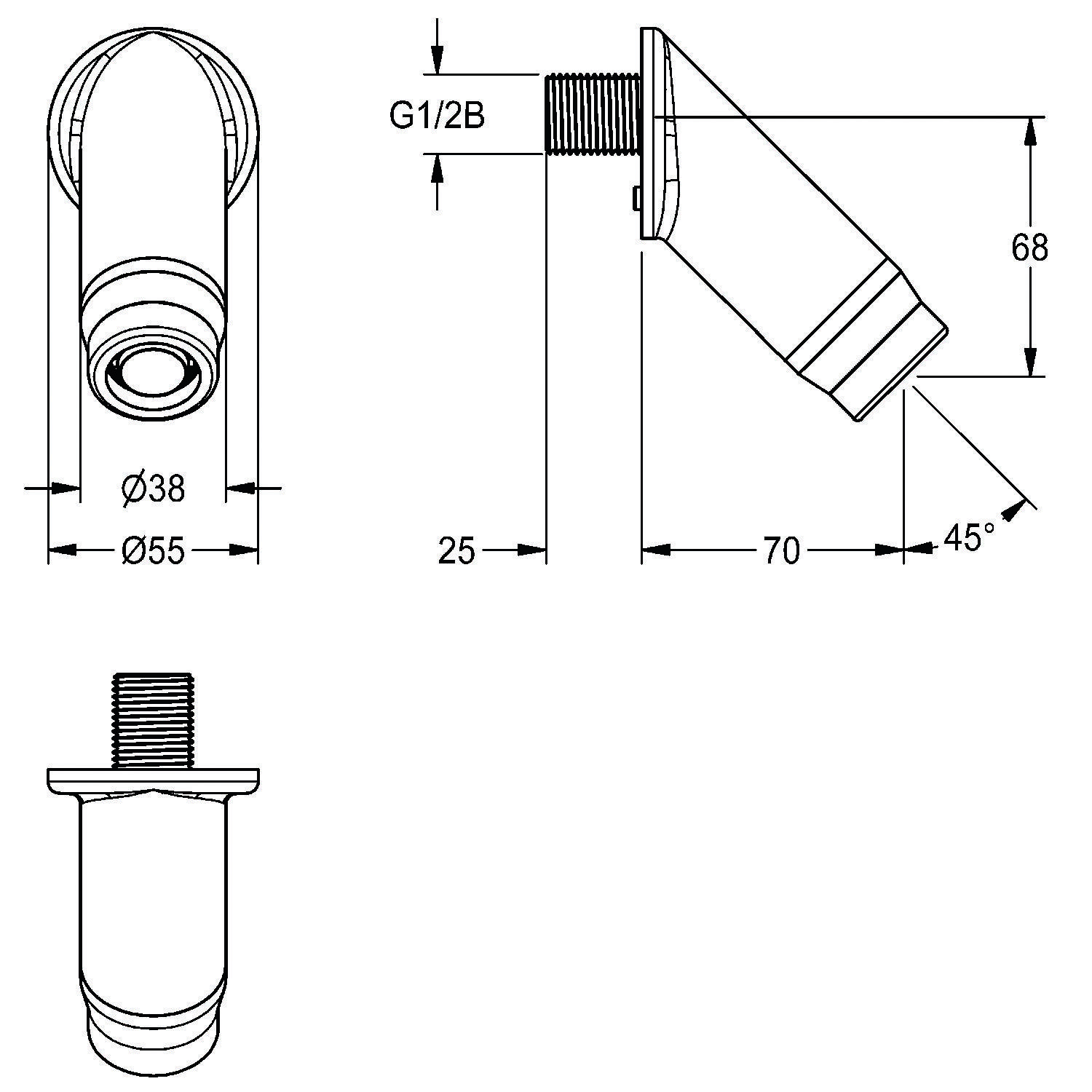 Technische Zeichnung einer Rohrverschraubung mit Abmessungen von 38 mm und 55 mm Durchmesser sowie einer Länge von 70 mm in einem 45-Grad-Winkel.