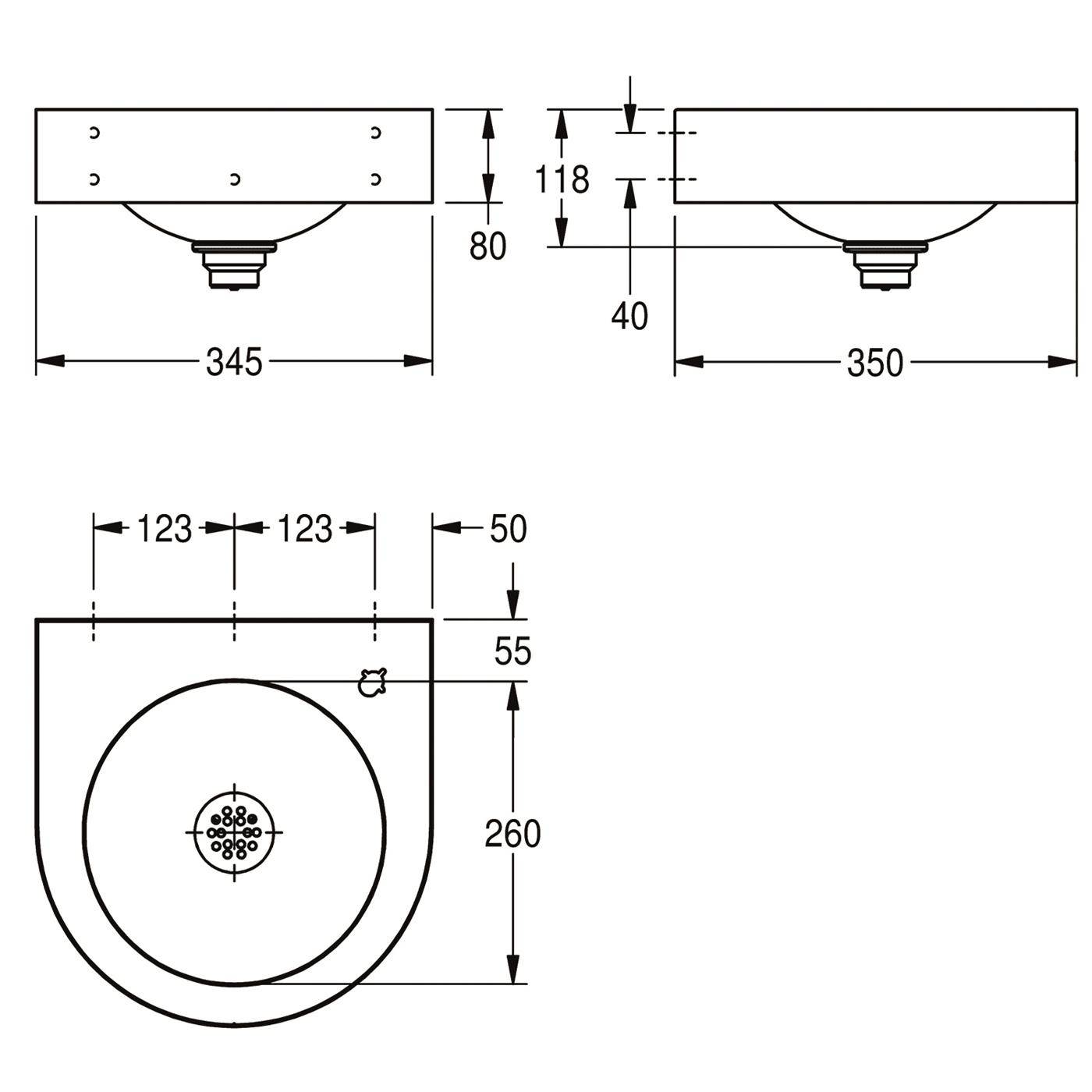 Technische Zeichnung eines wandmontierten Waschbeckens mit Vorder-, Seiten- und Draufsicht mit Abmessungen: 345-350 breit, 260 tief, 80/118/40 hoch und 123/123/50/55 Versätze.