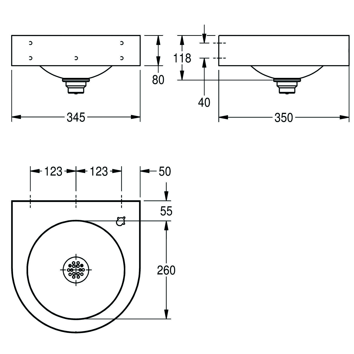 Technische Zeichnung eines kreisförmigen Küchenbeckens mit Abmessungen: 345 mm Breite, 350 mm Tiefe und 80 mm Beckentiefe. Enthält Ablaufdetails.