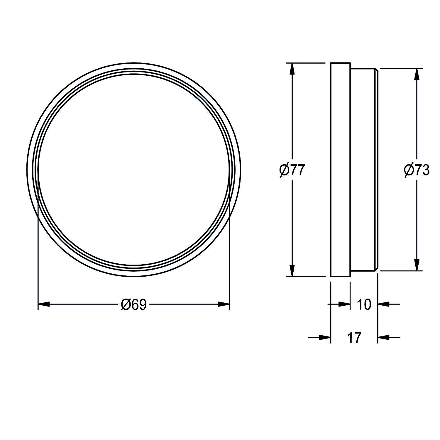 Eine technische Zeichnung zeigt ein zylindrisches Objekt mit Vorder- und Seitenansicht. Abmessungen sind: Durchmesser 77 mm, 73 mm und 69 mm; Breite 10 mm, 17 mm.