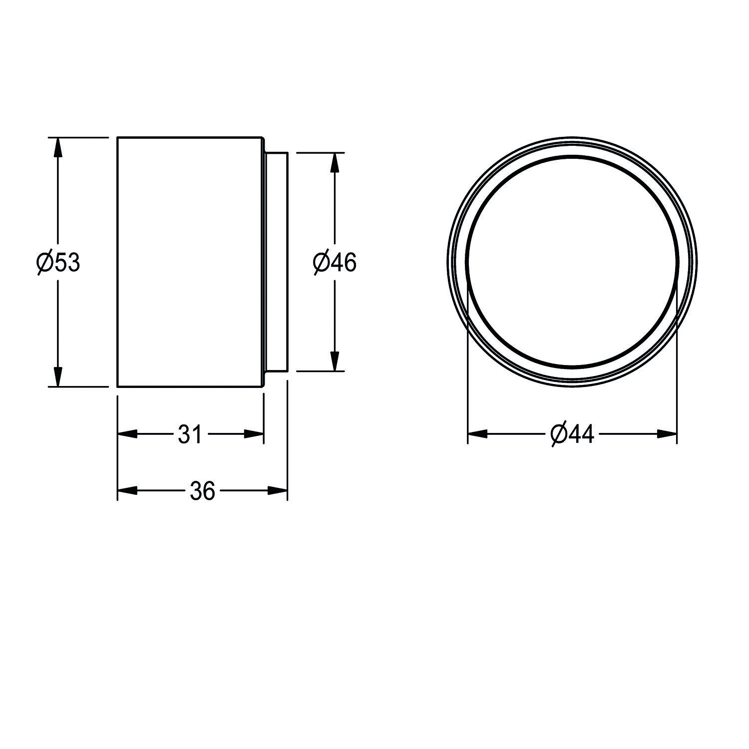 Eine technische Zeichnung eines zylindrischen Objekts mit Abmessungen: Außendurchmesser 53 mm, Innendurchmesser 46 mm, Länge 36 mm. Seiten- und Draufsicht werden dargestellt.