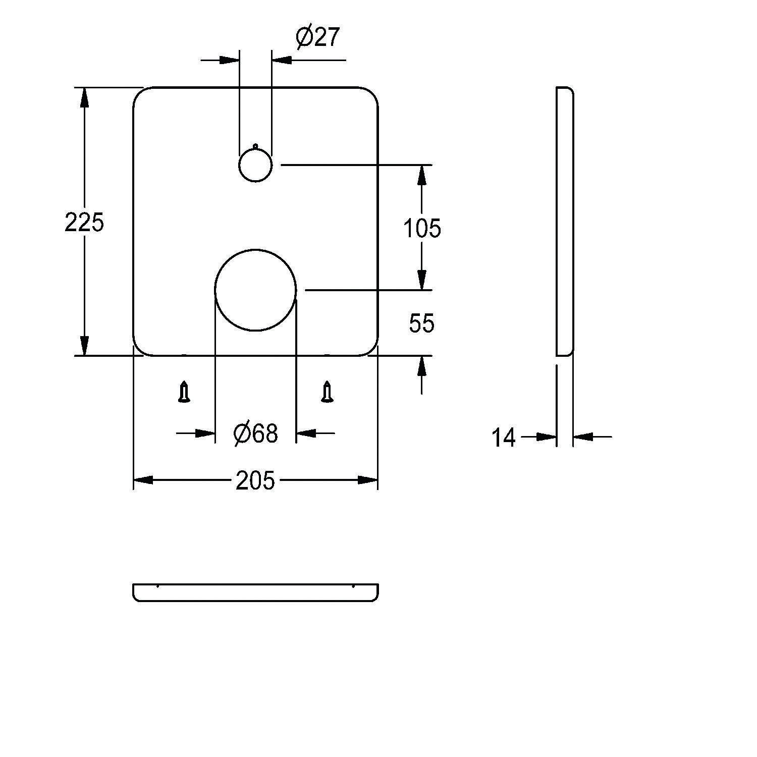 Eine technische Zeichnung einer quadratischen Metallplatte mit zwei kreisrunden Löchern, mit Abmessungen: 225x225 mm, Lochdurchmesser 27 mm und 68 mm.