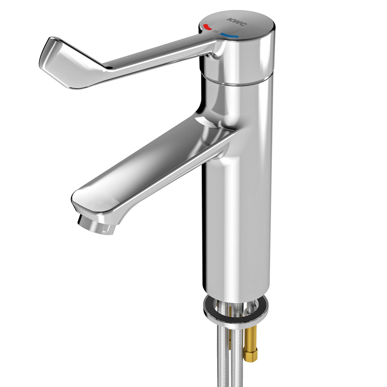 Ein schlanker, moderner Chrom-Wasserhahn mit einem einzigen Hebel zur Steuerung von Warm- und Kaltwasser, montiert auf einer Arbeitsplatte.