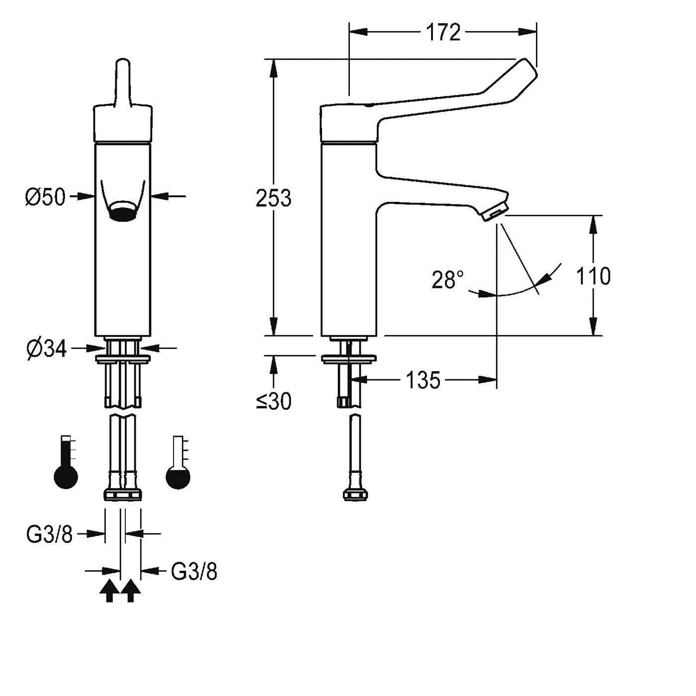 KWC Thermostat-standbatterie, F4, EHM, 135 mm, Armhebel