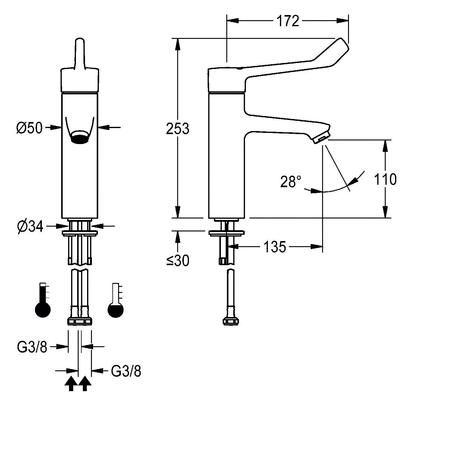 Technische Zeichnung eines Wasserhahns mit Maßangaben: Höhe 253 mm, Auslauflänge 172 mm und Auslaufwinkel 28°. Basisdimensionen und Teile beschriftet.