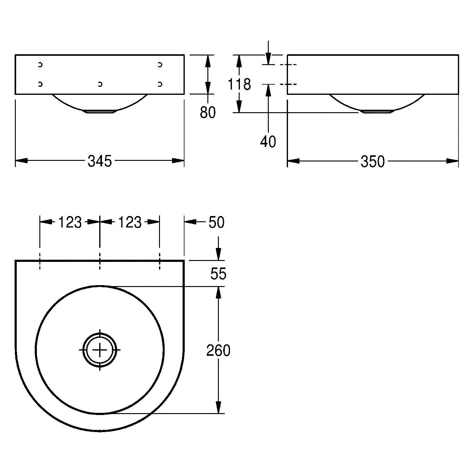 Technische Zeichnung eines runden Waschbeckens mit Maßen. Draufsicht zeigt 345 mm Breite, Seitenansicht zeigt 80 mm Tiefe und 350 mm Länge.