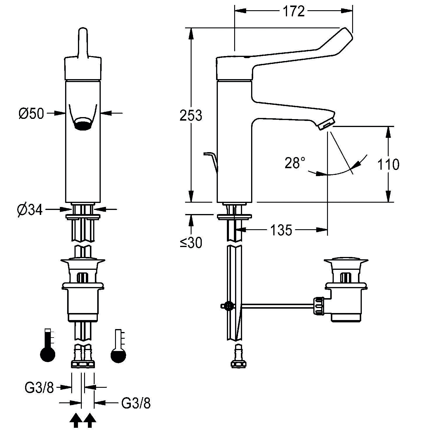 Technische Zeichnung eines Wasserhahns, die Abmessungen zeigt: Höhe 253 mm, Auslauflänge 172 mm und verschiedene Komponentengrößen in Millimetern (mm).