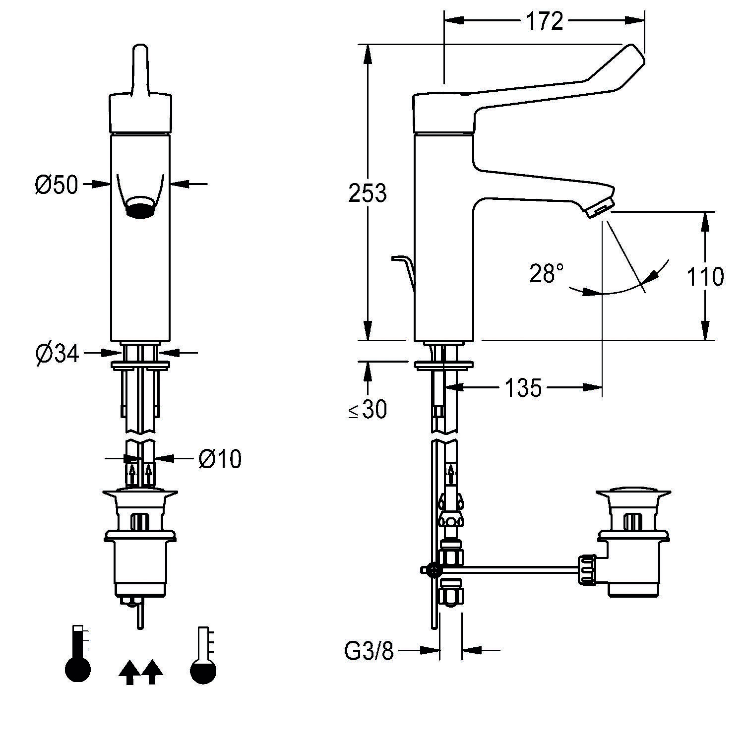 Diagramm mit technischen Spezifikationen eines Wasserhahns, einschließlich Höhe, Auslaufwinkel und Durchmessermessungen für die Installation.