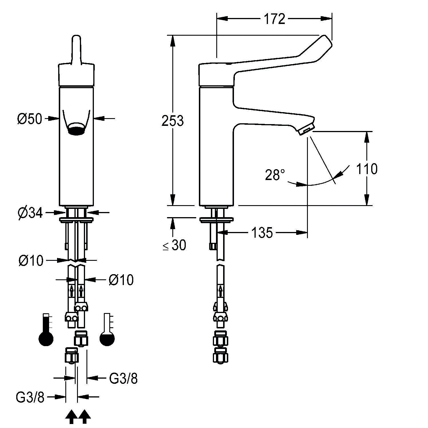 Installationsdiagramm für Wasserhahn mit Maßangaben: Höhe 253 mm, Auslauflänge 172 mm und Auslaufhöhe 110 mm. Einschließlich Rohranschlüssen.