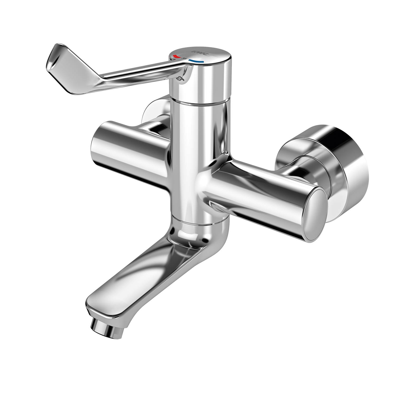 Eine glänzende Chrom-Wandarmatur mit einem einzelnen Hebel vor einem schwarzen Hintergrund. Das Design ist modern und minimalistisch.