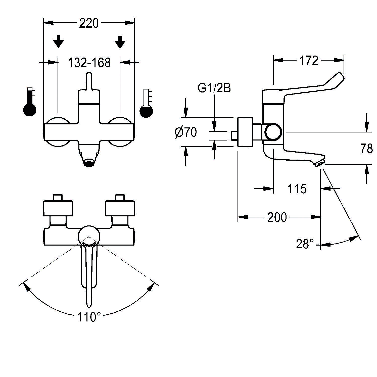 Diagramm eines Wasserhahns mit Maßangaben: Breite 220 mm, einstellbare Passform 132-168 mm, Höhe 172 mm, Auslaufreichweite 115 mm, Winkel 28°.
