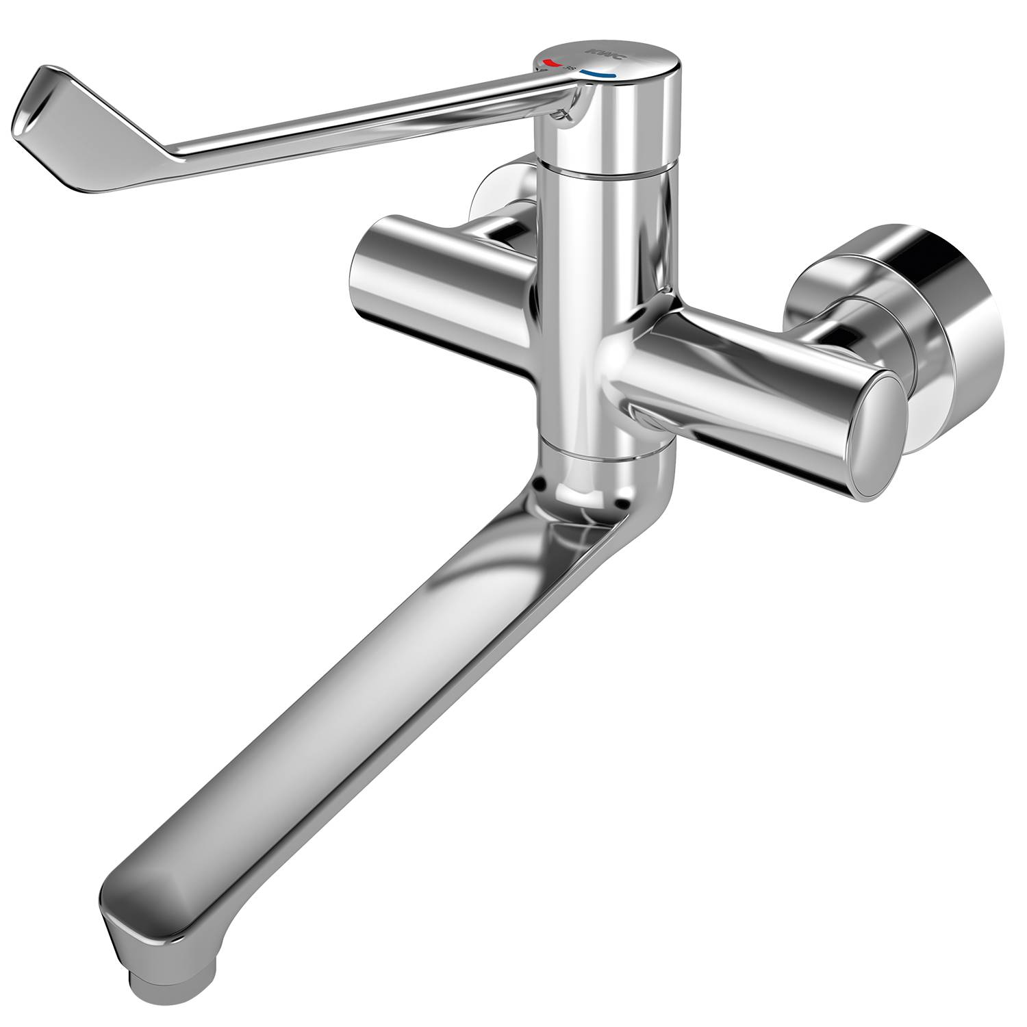 Chrom-Wandarmatur mit einem langen, abgewinkelten Hebel auf schwarzem Hintergrund. Der Hebel verfügt über einen roten und blauen Indikator für Warm- und Kaltwasser.