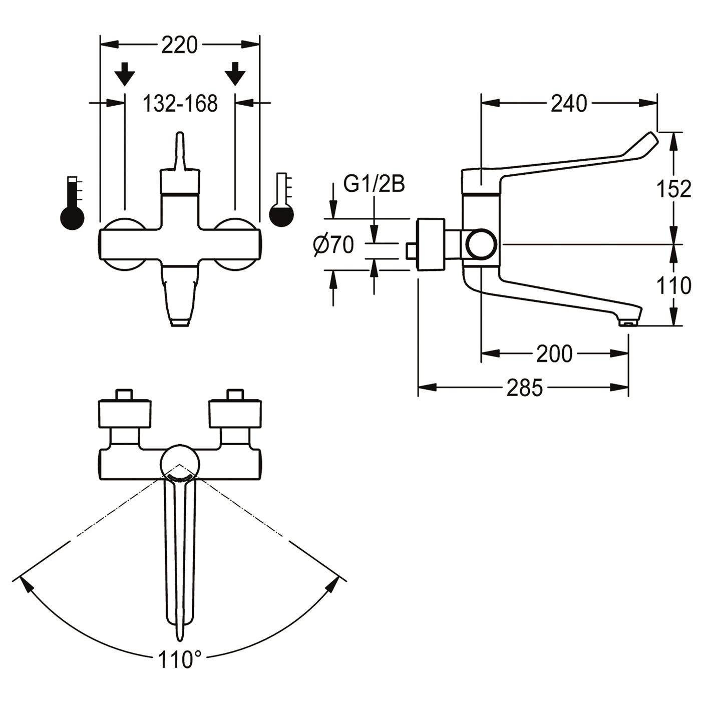 KWC Thermostat-wandbatterie, F4, EHM, Schwenkauslauf, 285 mm, Armhebel 240 mm