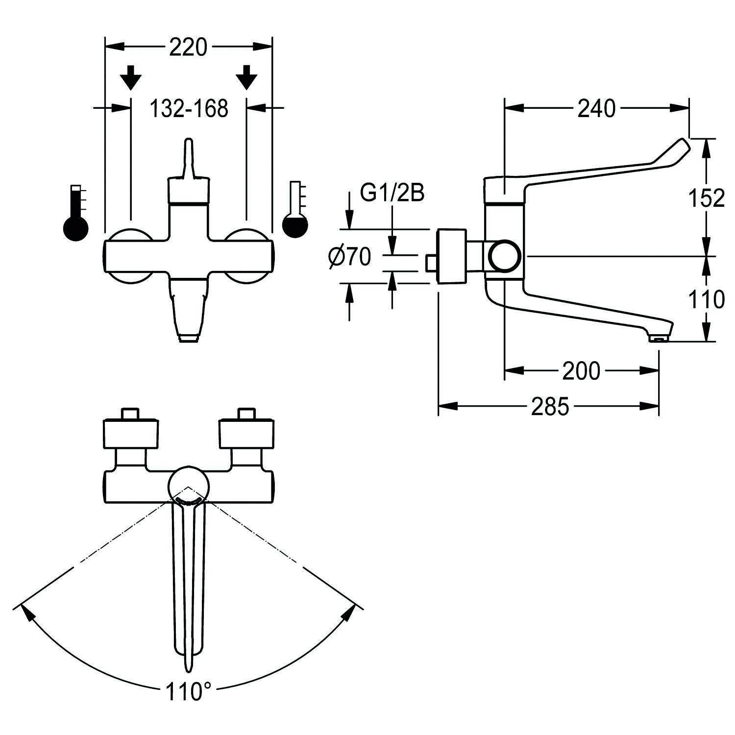 Technische Zeichnung eines Wasserhahns mit Maßangaben. Frontansicht Breite 220 mm, Tiefe 285 mm, Auslauflänge 240 mm und Winkel 110°.
