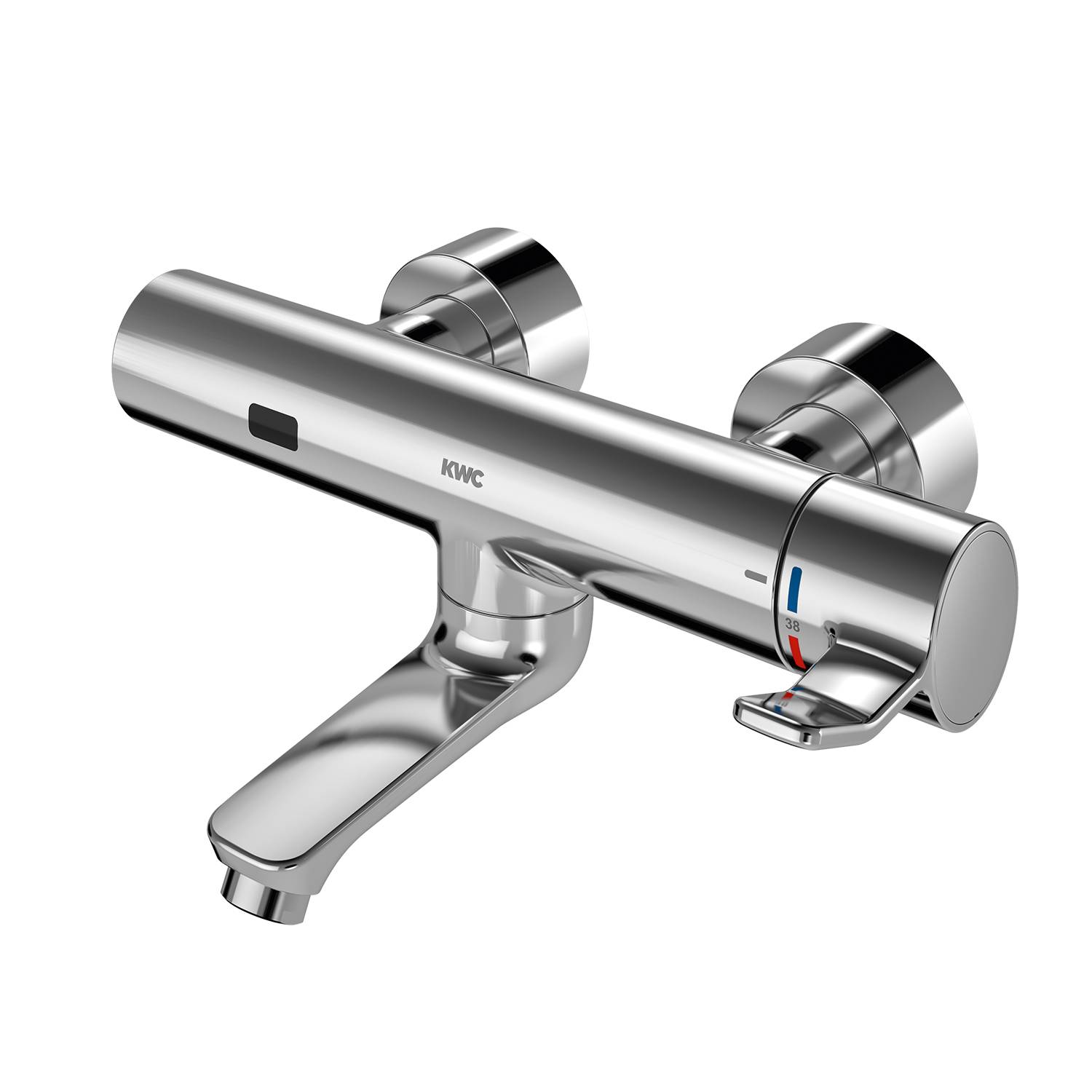 Eine elegante, moderne Chrom-Thermostat-Duscharmatur mit zwei Griffen für präzise Temperatur- und Wasserflusssteuerung, vor einem schwarzen Hintergrund.