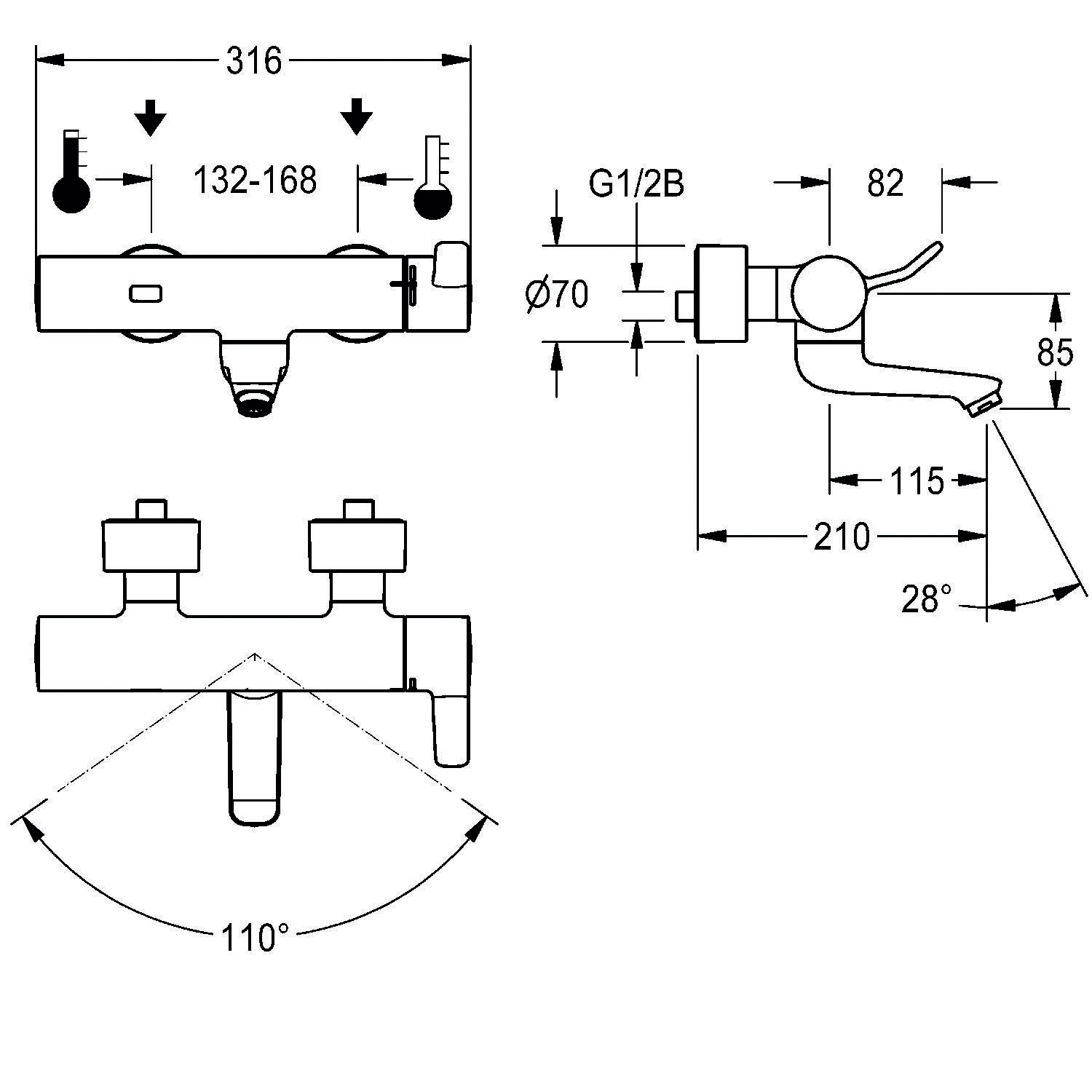 Schematische Darstellung eines Wasserhahns mit Abmessungen: Breite 316 mm, Höhe 85 mm, Auskragung 170 mm, Griff rotiert 28 Grad, weitere Spezifikationen dargestellt.