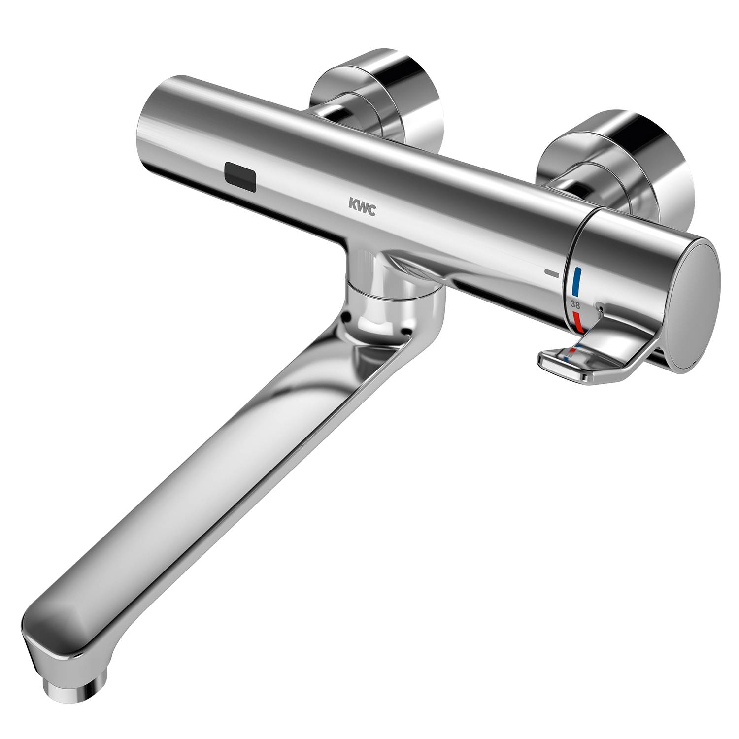Ein schlanker, moderner Chrom-Wasserhahn mit integriertem Temperaturregler, vor einem schwarzen Hintergrund präsentiert.