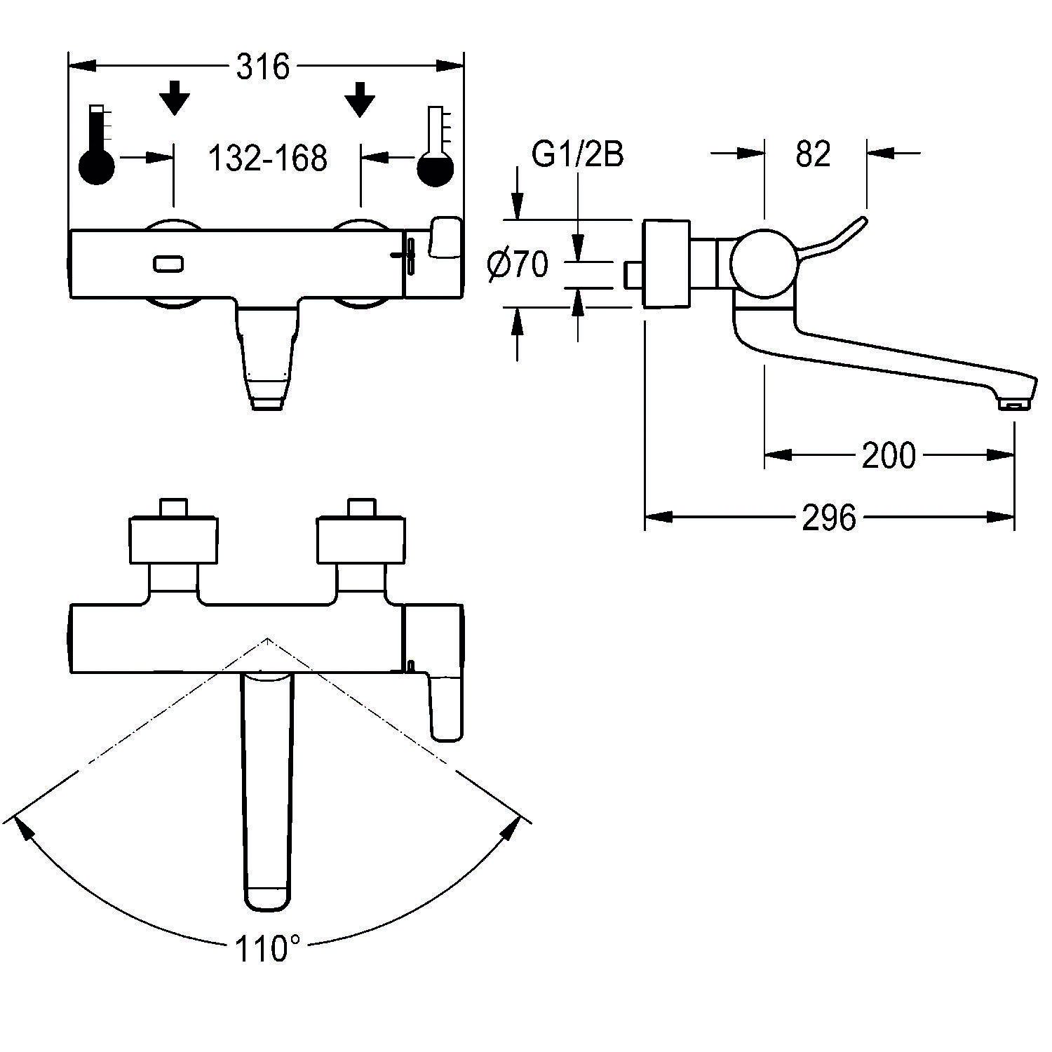 Technische Zeichnung eines Wandarmaturs. Abmessungen beinhalten 316 mm Breite, 296 mm Länge und einen um 110 Grad schwenkbaren Auslauf.