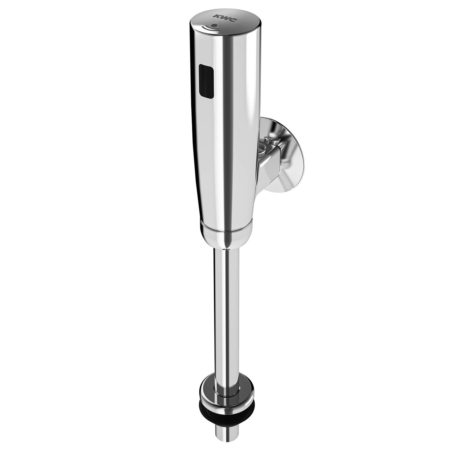 Ein glänzendes Metallarmaturteil mit Sensorsteuerung für die Spülung, montiert auf einem schwarzen Hintergrund, entwickelt für eine Toilette zur Förderung der berührungslosen Bedienung.