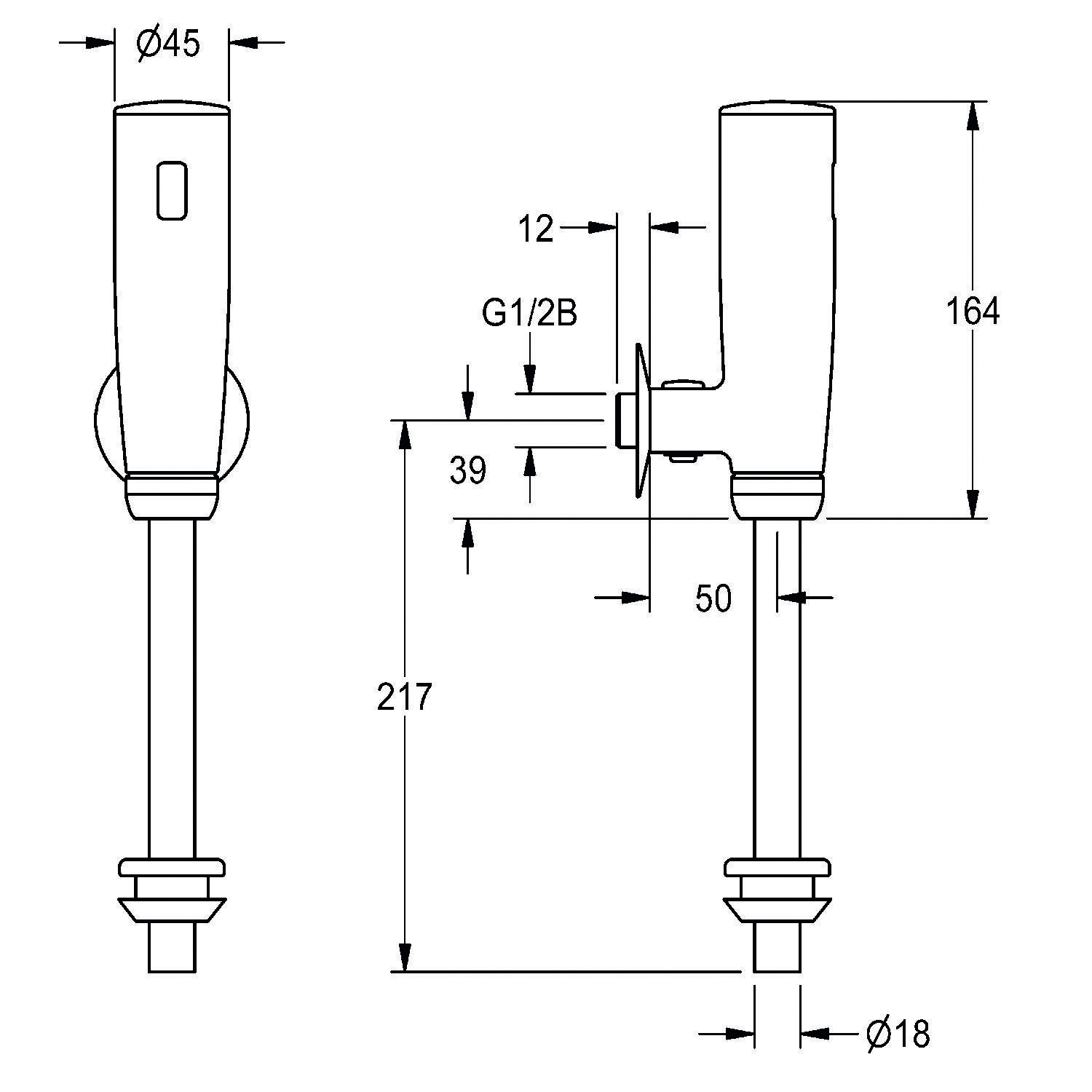 Technische Zeichnung eines Wasserhahns mit Abmessungen: Höhe 164 mm, Basisdurchmesser 45 mm, Auslauflänge 217 mm. Enthält Installationsmessungen.