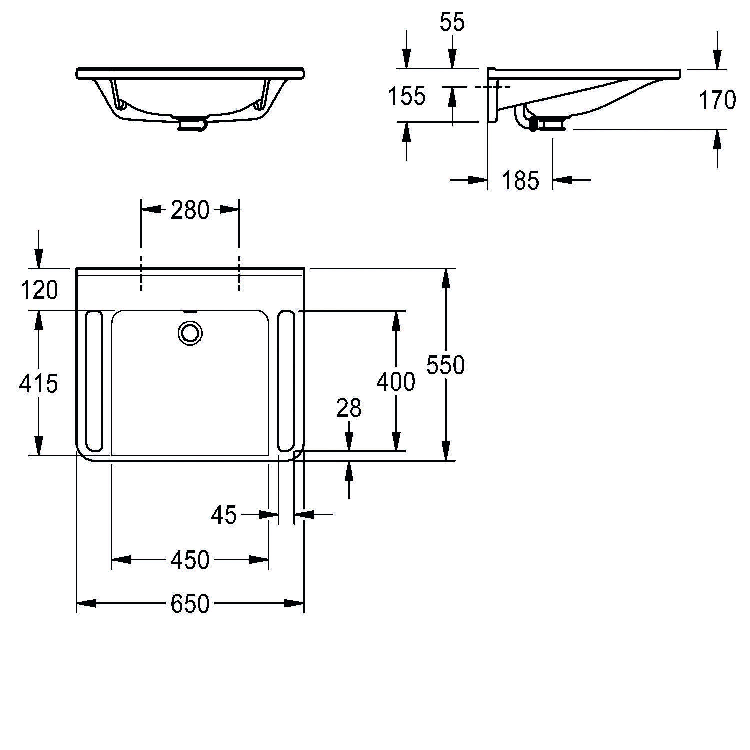 Technische Zeichnung eines rechteckigen Waschbeckens mit Abmessungen: Breite 650 mm, Tiefe 450 mm, sichtbare Höhe 170 mm. Front- und Seitenansicht enthalten.