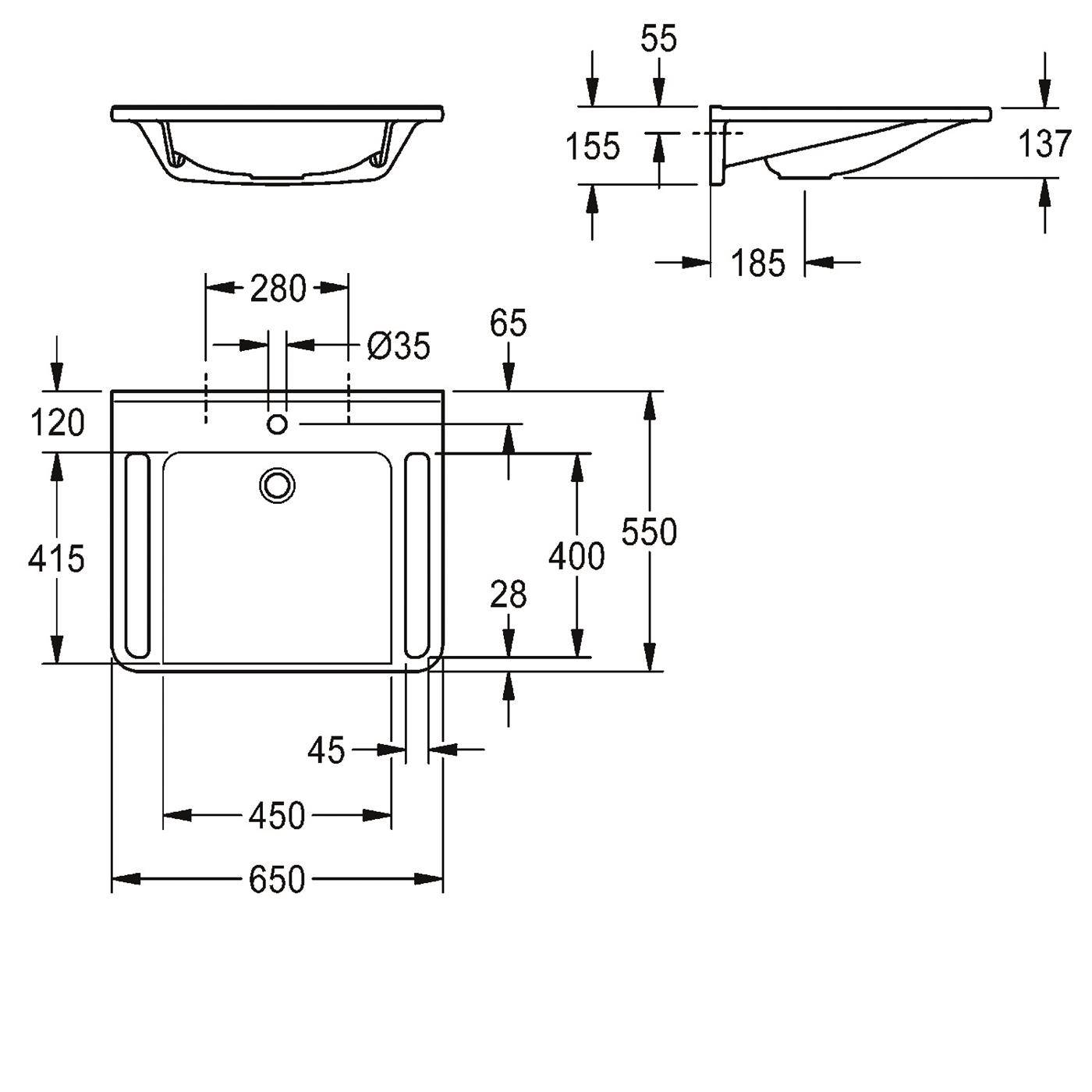 KWC Einzelwaschtisch, MEDCARE, MIRANIT, 650x150x550 mm, Weiß, Hahnloch, Griff