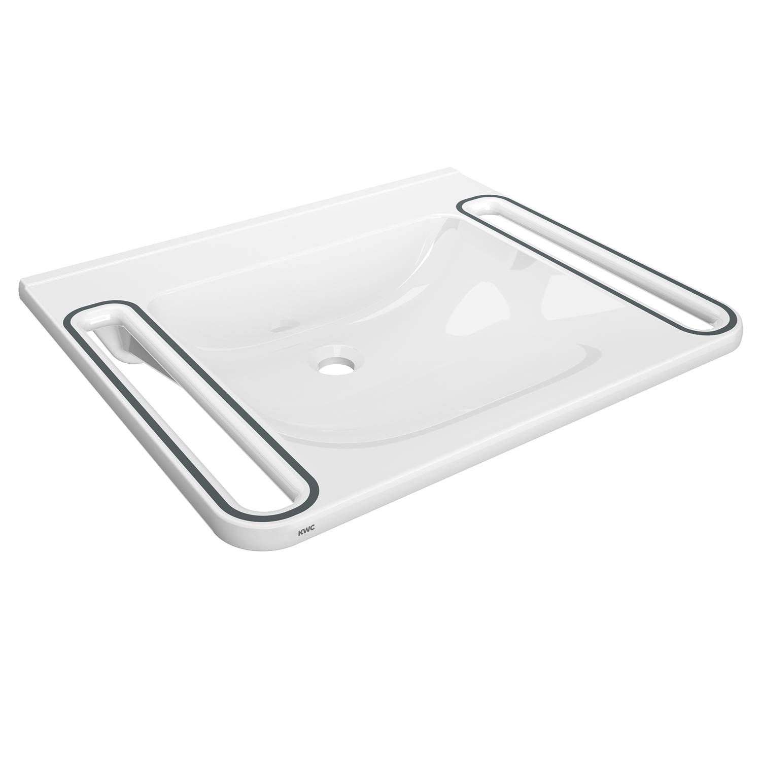 Ein schlankes, weißes rechteckiges Waschbecken mit integrierten schwarzen Haltegriffen an jeder Seite, entwickelt für Barrierefreiheit und modernes Badezimmerdesign.