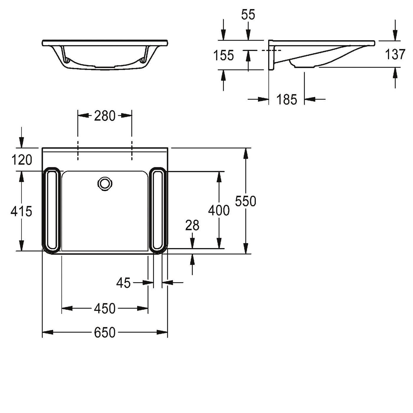 KWC Einzelwaschtisch, MEDCARE, MIRANIT, 650x150x550 mm, Weiß/grau, Griff