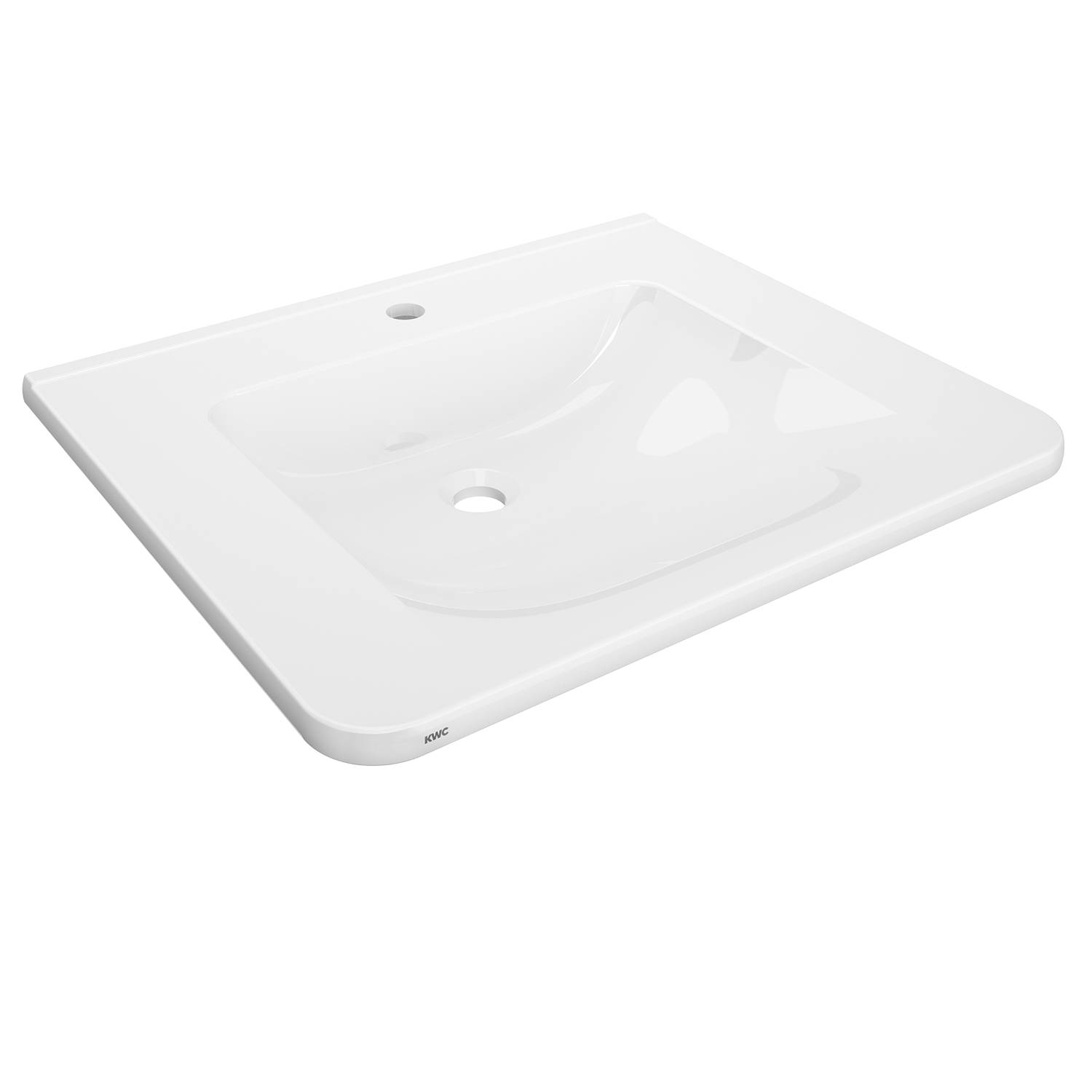 Weißes rechteckiges Waschbecken mit einem zentralen Abflussoch auf schwarzem Hintergrund.