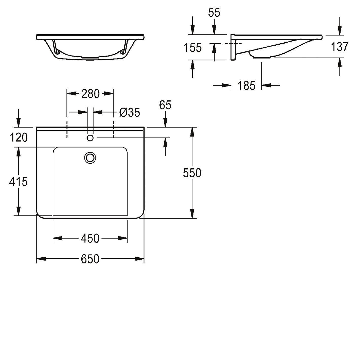 KWC Einzelwaschtisch, MEDCARE, MIRANIT, 650x150x550 mm, Weiß, Hahnloch
