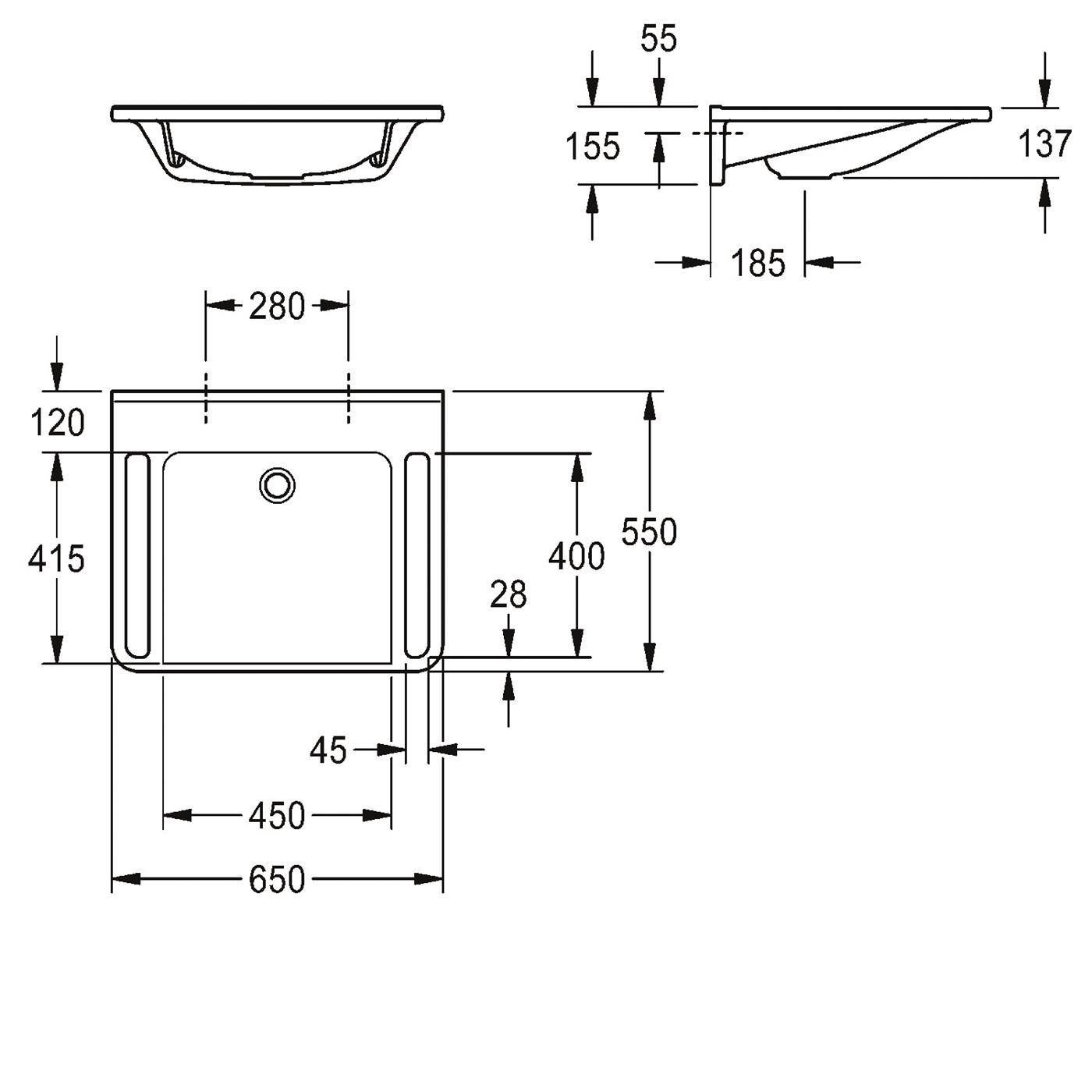 KWC Einzelwaschtisch, MEDCARE, MIRANIT, 650x150x550 mm, Weiß, Griff