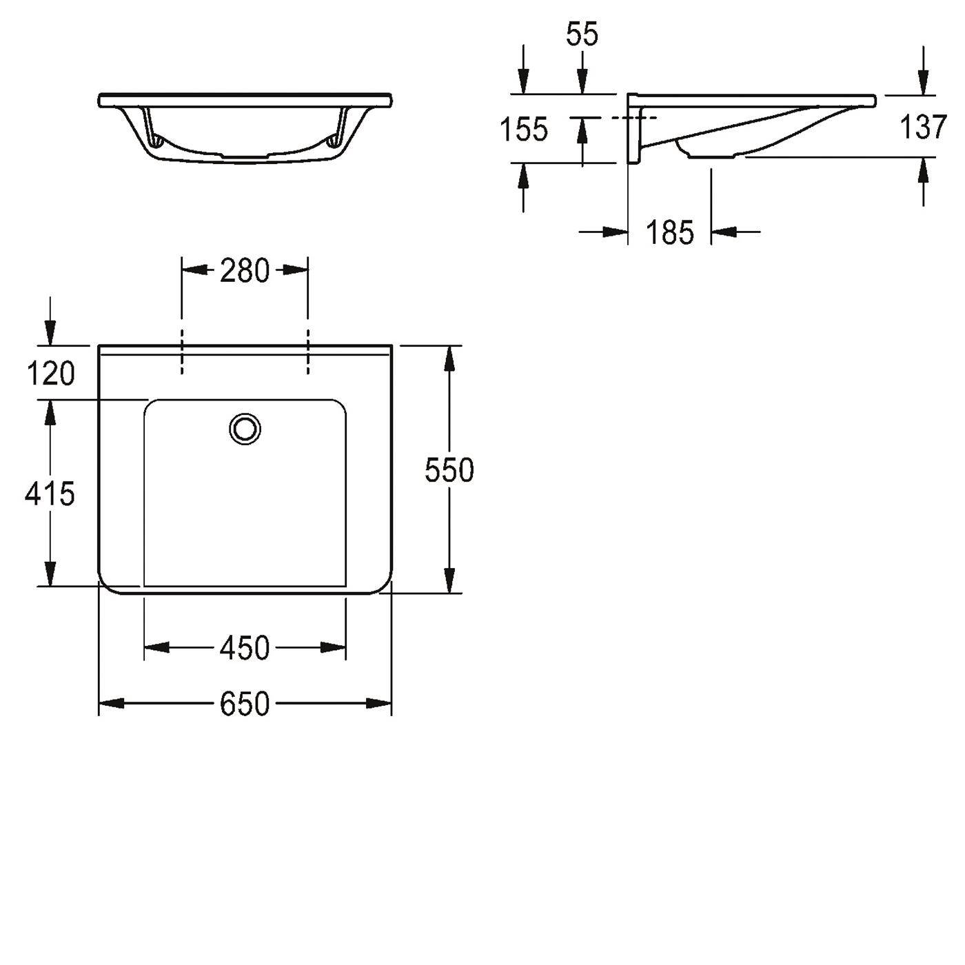 KWC Einzelwaschtisch, MEDCARE, MIRANIT, 650x150x550 mm, Weiß